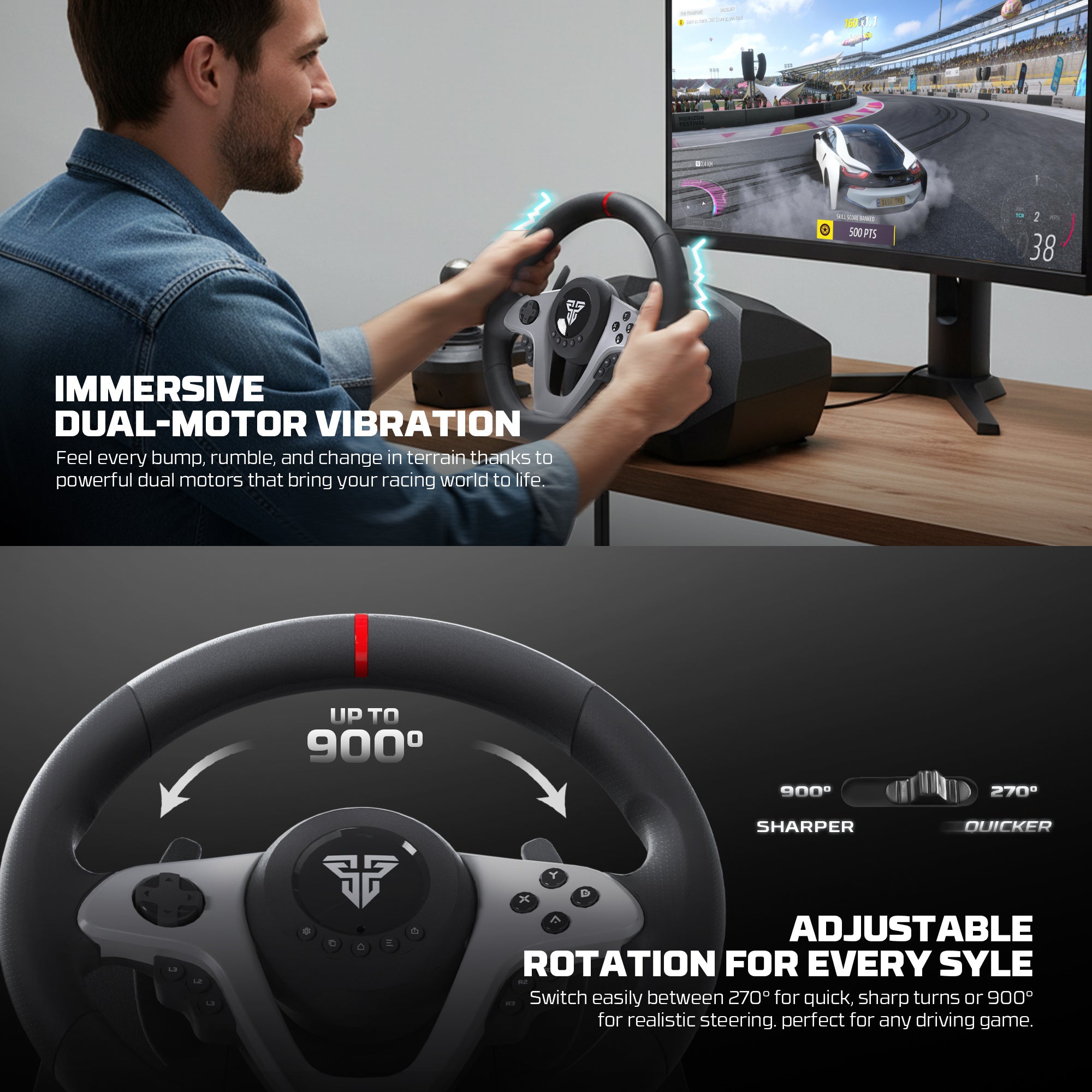 Fantech R1V2 Racing Steering Wheel | Dual-Motor Vibration | 270° / 900° Rotation | 15 Buttons + D-Pad | 6 Gears + Reverse | 3 Pedals (Clutch, Brake & Throttle) | PC Driving Wheel Set with Clutch and Shifter