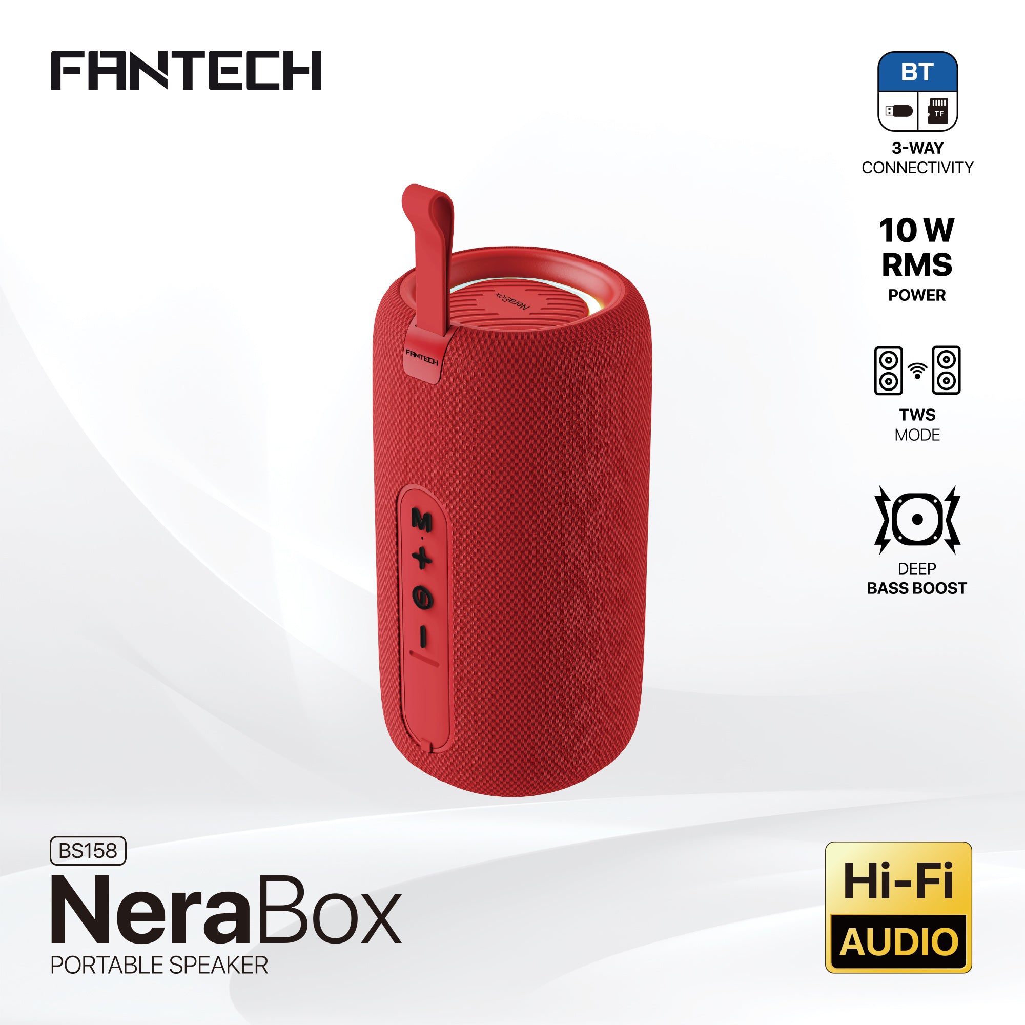 FANTECH BS159 True Wireless RMS Speaker TWS Deep Bass 10W 57mm Driver 4-Way Connectivity BT TF Card USB RGB Portable Speaker - Red