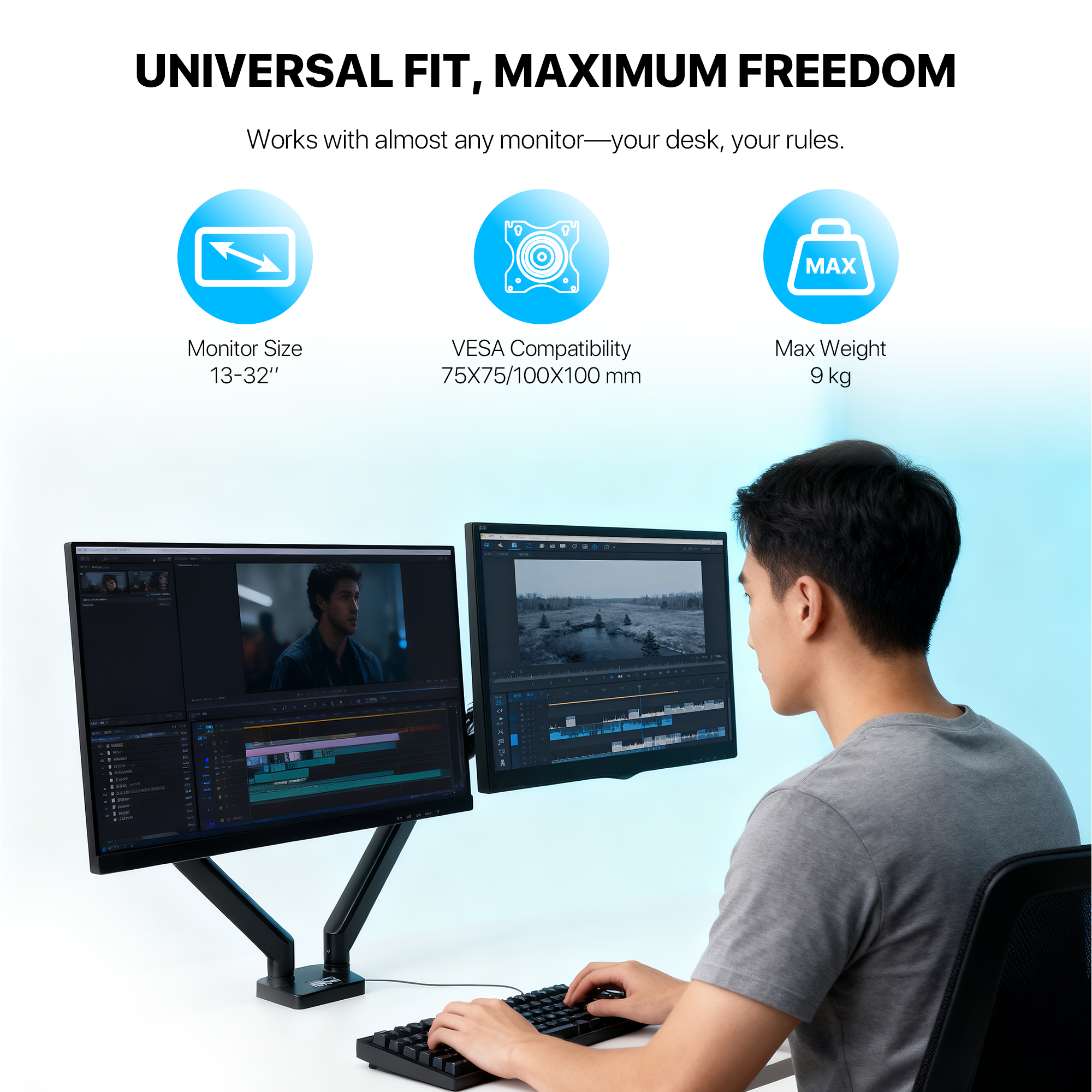Fantech Workstation MBD1 Dual-Arm Monitor Mount, 90 Degree for 13" to 32" Screen Adjustable Spring Dual Monitor Arm Bracket for Desk