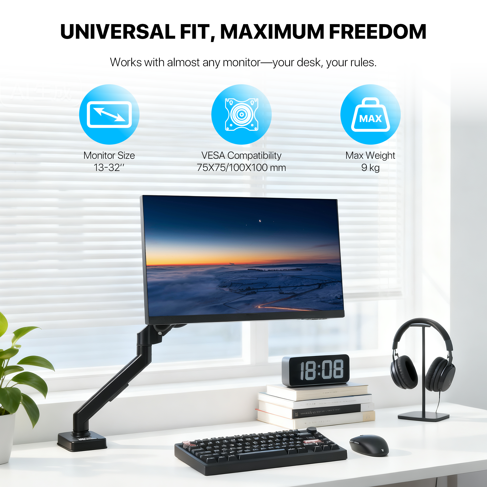 Fantech Workstation MBS1 Single-Arm Monitor Mount, 90 Degree for 13" to 32" Screen Adjustable Spring Dual Monitor Arm Bracket for Desk