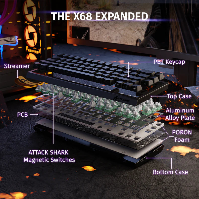 ATTACK SHARK X68 HE Rapid Trigger Mechanical Gaming Keyboard 60% Wired TKL with Adjustable Actuation,Hall Effect Magnetic Switch,8KHz Polling Rate,RGB Backlit,Top Mount for PC Mac Esport Gamer(Black)