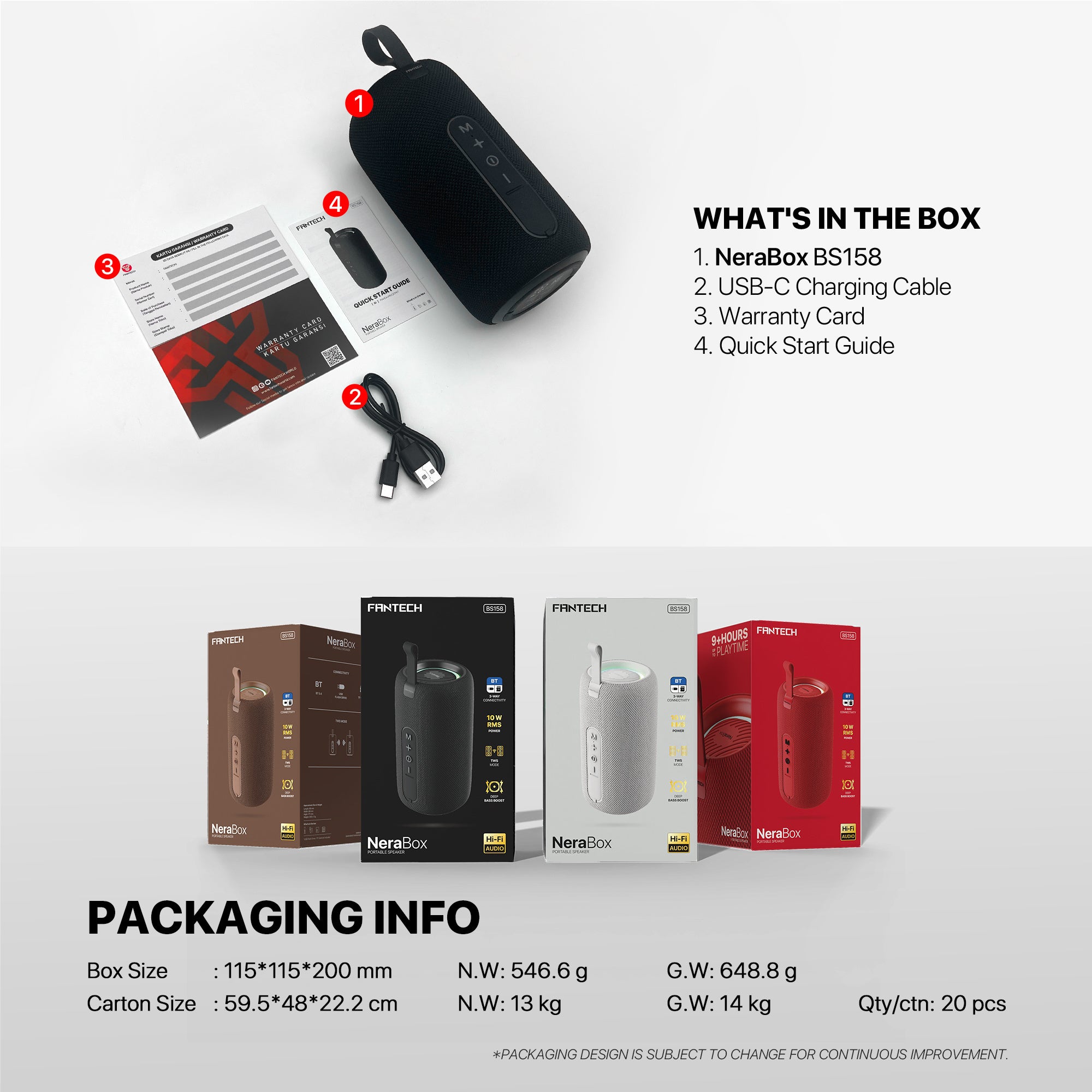 FANTECH BS159 True Wireless RMS Speaker TWS Deep Bass 10W 57mm Driver 4-Way Connectivity BT TF Card USB RGB Portable Speaker - Red