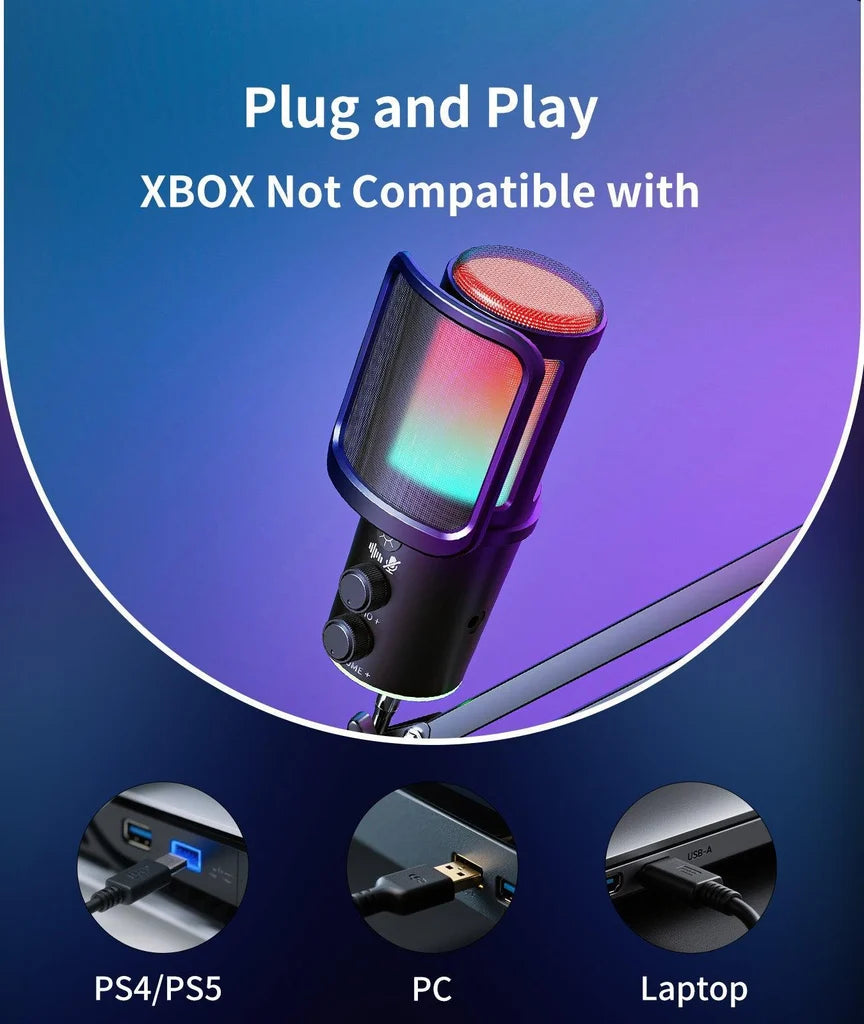Gaming USB Microphone, Noise Cancellation Condenser Mic with Mute,Boom Arm Mic-Reverb Adjustment, Monitoring for Streaming, Podcasting, Discord, YouTube,PC, Computer, PS4, PS5, Mac-White