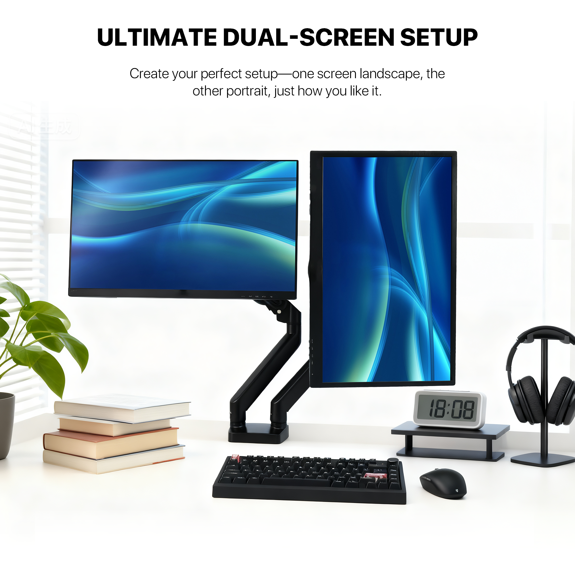 Fantech Workstation MBD1 Dual-Arm Monitor Mount, 90 Degree for 13" to 32" Screen Adjustable Spring Dual Monitor Arm Bracket for Desk