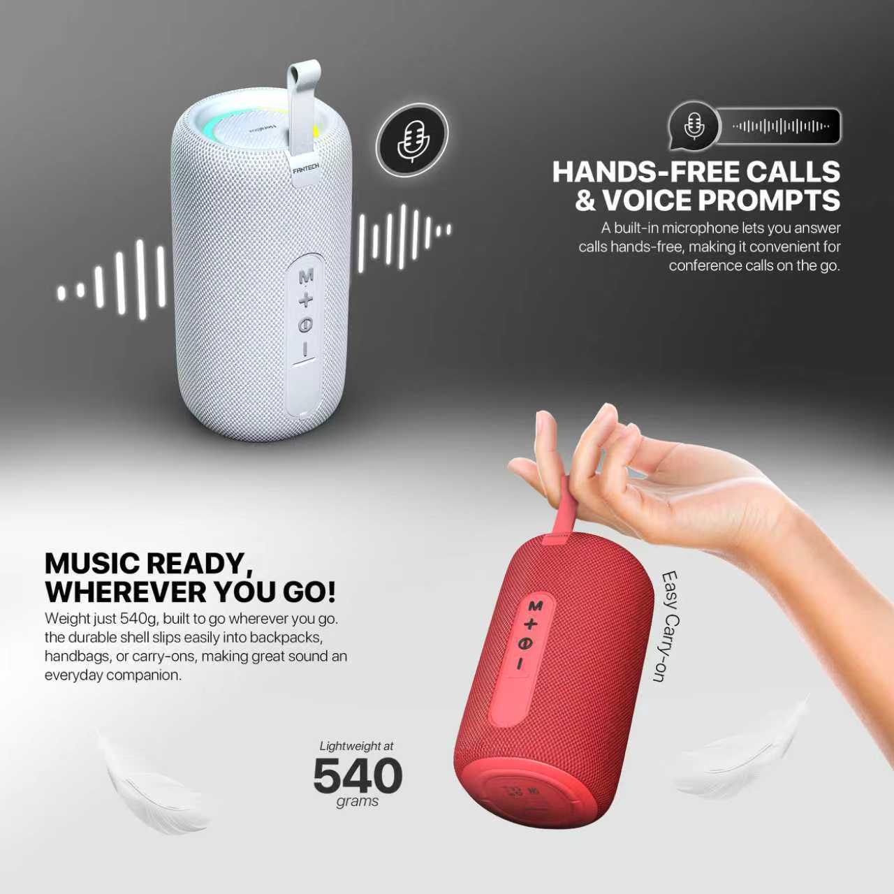 FANTECH BS159 True Wireless RMS Speaker TWS Deep Bass 10W 57mm Driver 4-Way Connectivity BT TF Card USB RGB Portable Speaker - Red