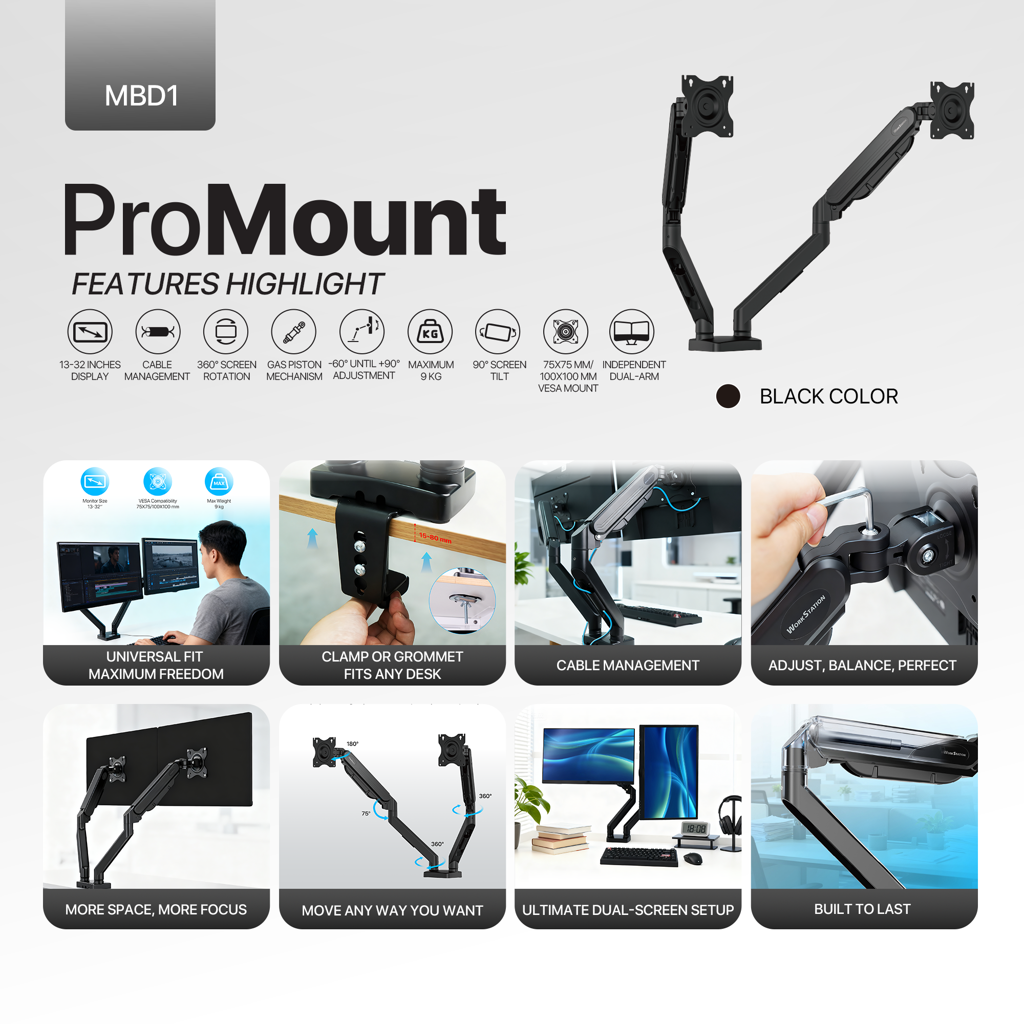 Fantech Workstation MBD1 Dual-Arm Monitor Mount, 90 Degree for 13" to 32" Screen Adjustable Spring Dual Monitor Arm Bracket for Desk