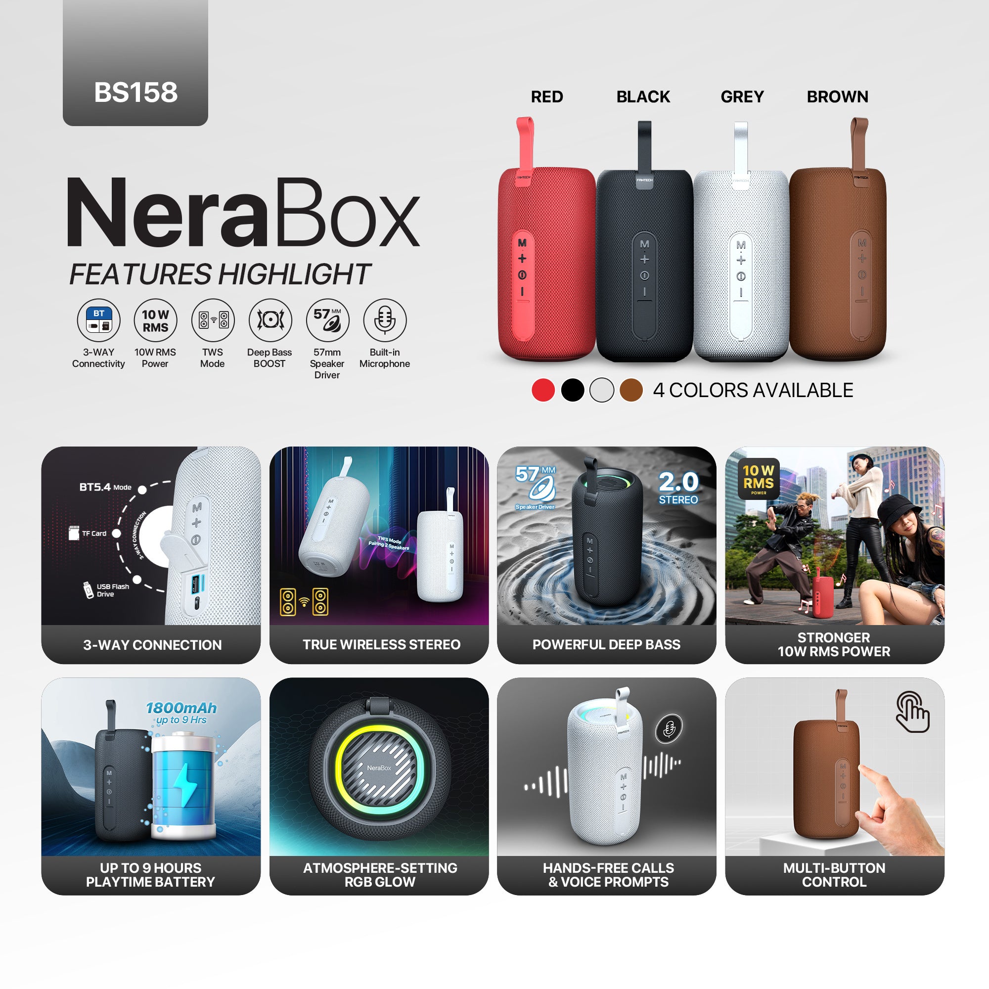 FANTECH BS159 True Wireless RMS Speaker TWS Deep Bass 10W 57mm Driver 4-Way Connectivity BT TF Card USB RGB Portable Speaker - Black