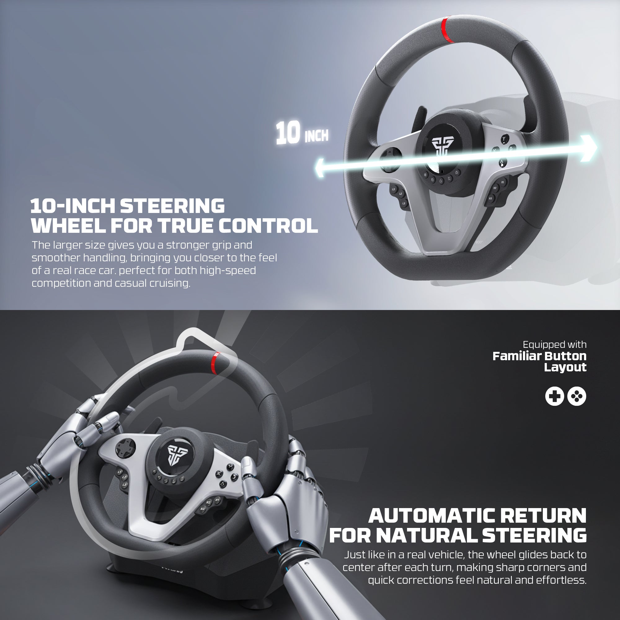 Fantech R1V2 Racing Steering Wheel | Dual-Motor Vibration | 270° / 900° Rotation | 15 Buttons + D-Pad | 6 Gears + Reverse | 3 Pedals (Clutch, Brake & Throttle) | PC Driving Wheel Set with Clutch and Shifter