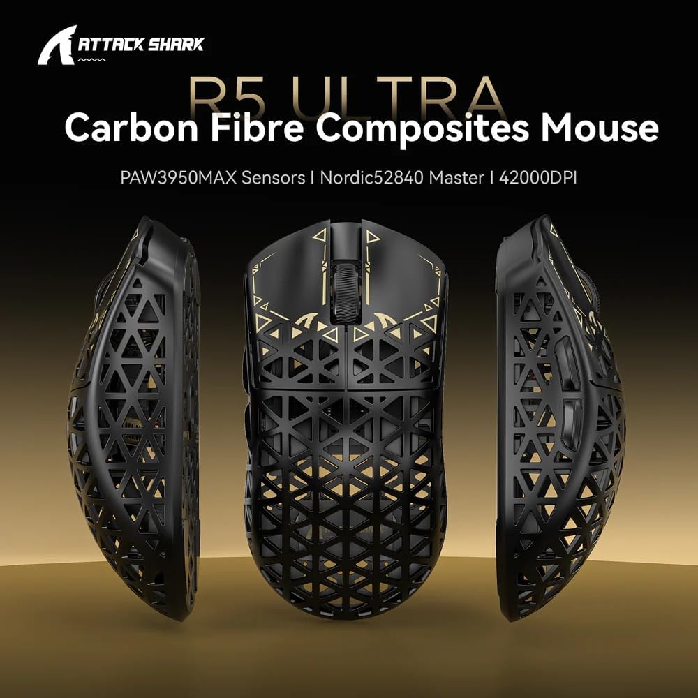 ATTACK SHARK R5Ultra 8K Carbon Fiber Wireless Gaming Mouse with 42000 DPI -PAW3950 MAX Sensor -39g Ultra-Lightweight-Nordic 52840 MCU Chip-Wired/BT/2.4GHz Wirelss Programmable Mouse for PC/Mac (Black)