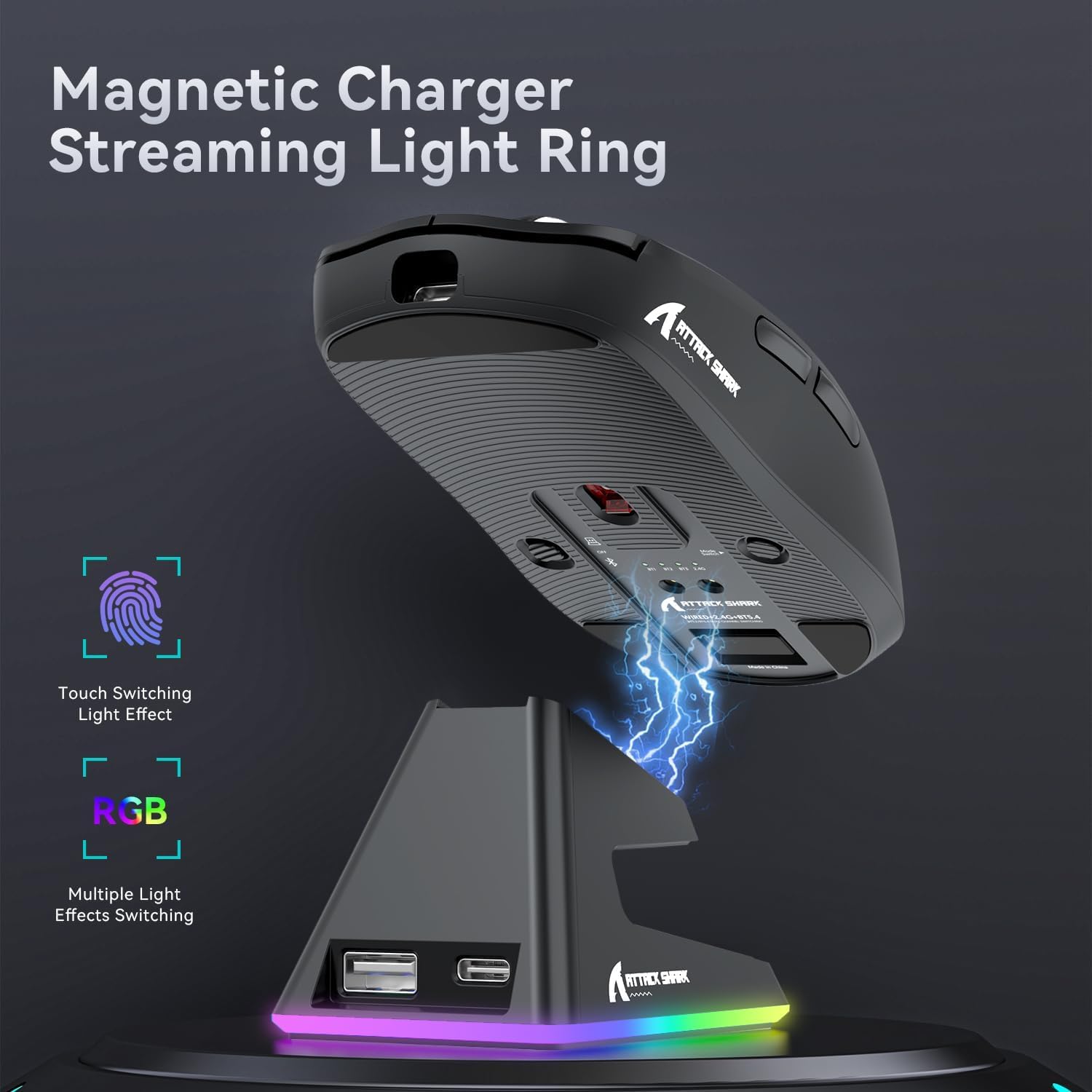 ATTACK SHARK X6 Lightweight Wireless Gaming Mouse with RGB Backlight Charging Base,Tri-Mode Wired/2.4GHz/BT5.2,26K DPI, 395 Optical PAW3Sensor,HUANO Switch,5programmable Buttons,PC/Mac(Black)