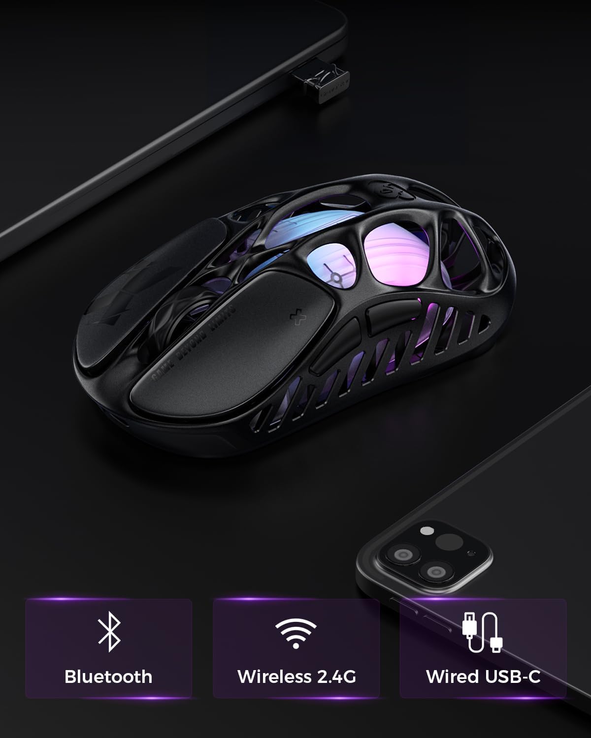GravaStar Mercury X Wireless Gaming Mouse โ 32,000 DPI PAW 3950 Sensor, 1000Hz Polling Rate, Only 49g, Magnesium Alloy Hollow Frame, RGB Lighting, 5 Programmable Buttons