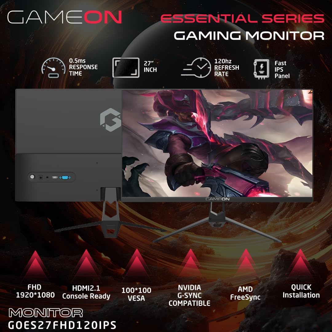 GAMEON 27 Inch Gaming Monitor - FHD 1080P Computer Monitor 120Hz IPS 1ms Monitors - 16:9 Wide IPS gaming Screen HDMI VGA DisplayPort Built-in Speakers (Support PS5)