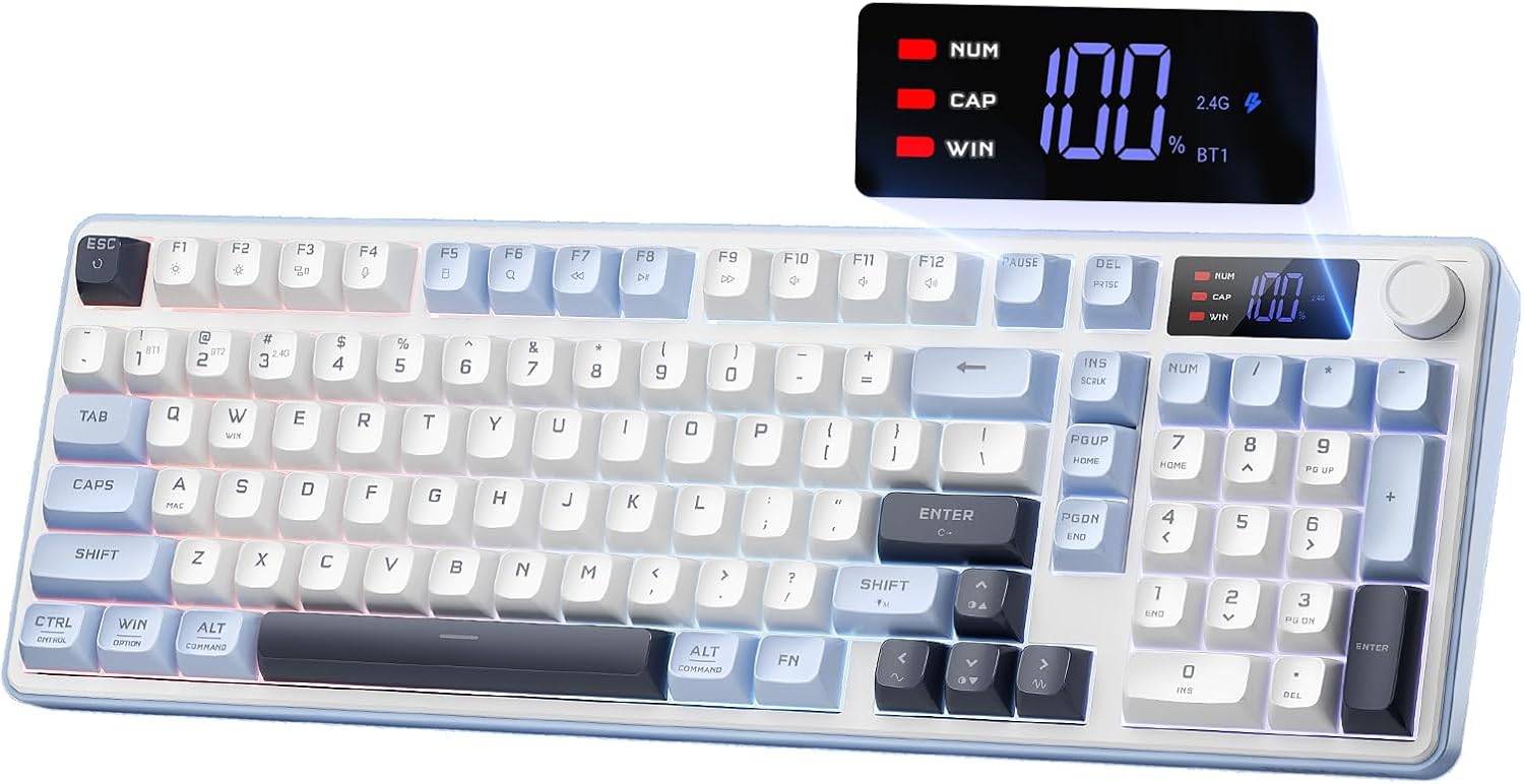 Redragon Wireless Gaming Keyboard, 98-Key Tri-Mode (BT/2.4G/Wired) RGB Computer Keyboard with Knob & Display, Fade-Resistant PBT Keycaps & 4000mAh Battery, Compatible with Windows/Mac - White Blue