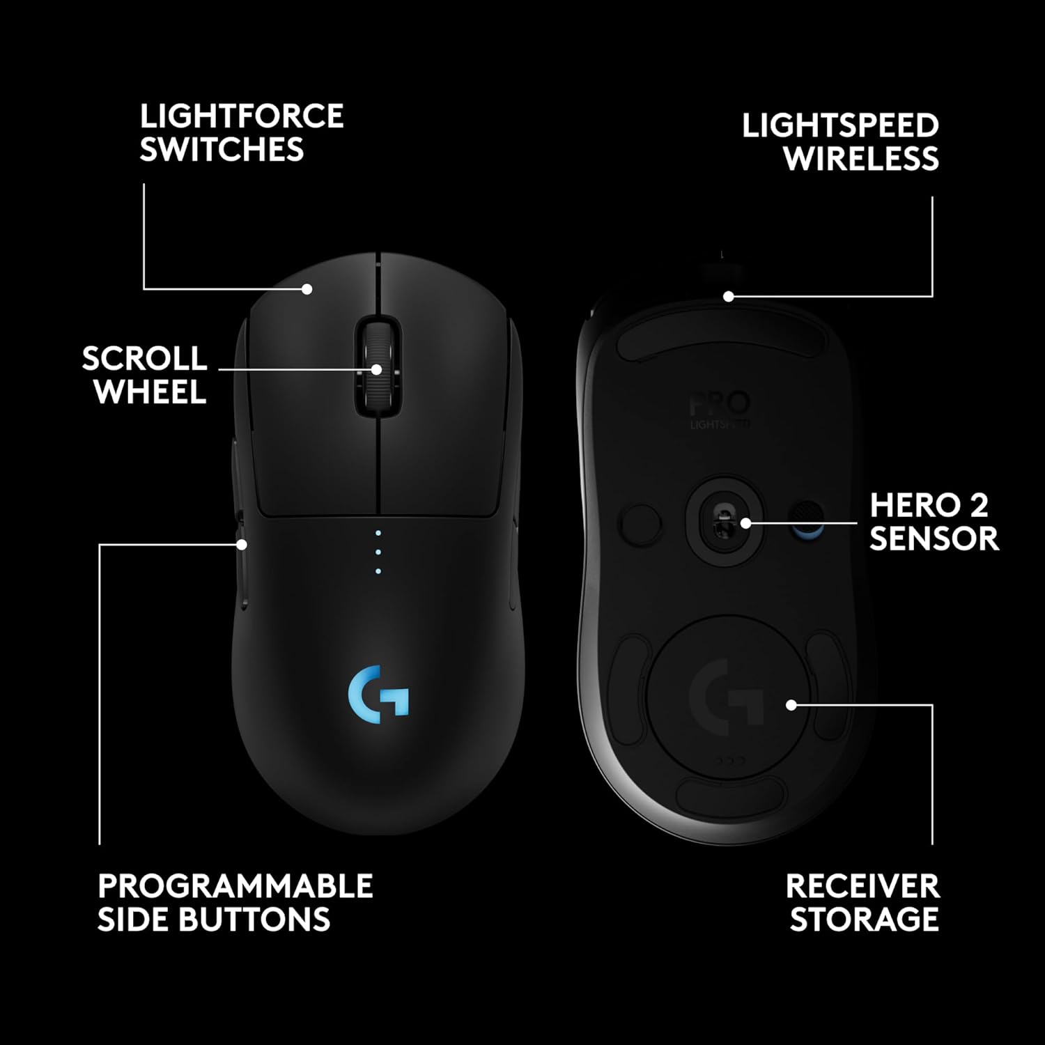 Logitech G PRO 2 Lightspeed Wireless Gaming Mouse, Right- or Left-Handed Mouse with up to 4 Customizable and Switchable Magnetic Side Buttons, 44K DPI Sensor, USB-C Charging, for PC/Mac - Black