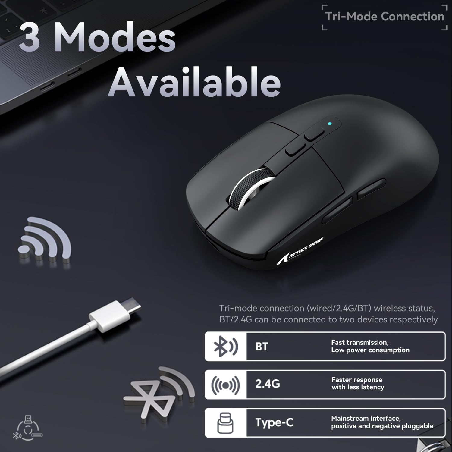 ATTACK SHARK X6 Lightweight Wireless Gaming Mouse with RGB Backlight Charging Base,Tri-Mode Wired/2.4GHz/BT5.2,26K DPI, 395 Optical PAW3Sensor,HUANO Switch,5programmable Buttons,PC/Mac(Black)