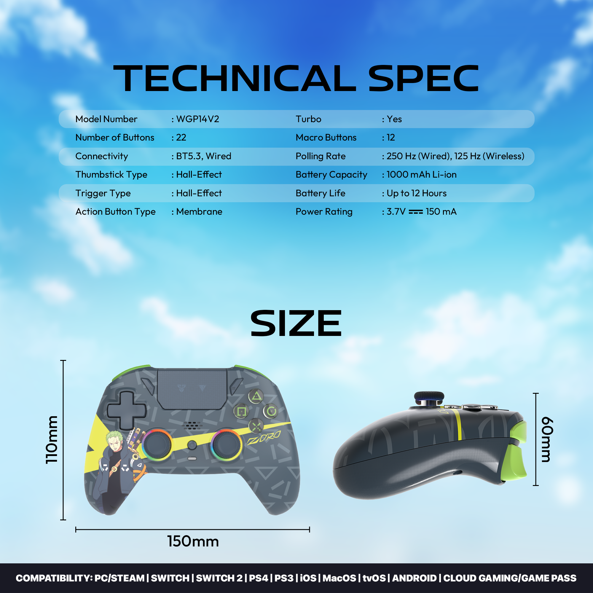 Fantech Nova Pro WGP14 V2 Wireless Gamepad With Hall Effect Joysticks & Triggers Gaming Controller For PS4 PC Switch Android iOS (One Piece)