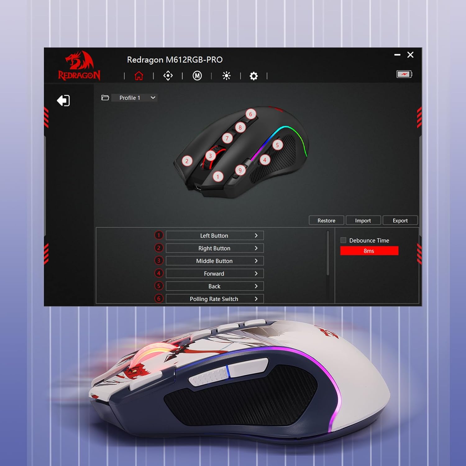 Redragon M612AK PRO RGB Anime Gaming Mouse, 8000 DPI Wired/Wireless Optical Mouse with 9 Programmable Buttons & 7 Backlit Modes, BT & 2.4G Wireless, Software Supports DIY Keybinds Rapid Fire Button