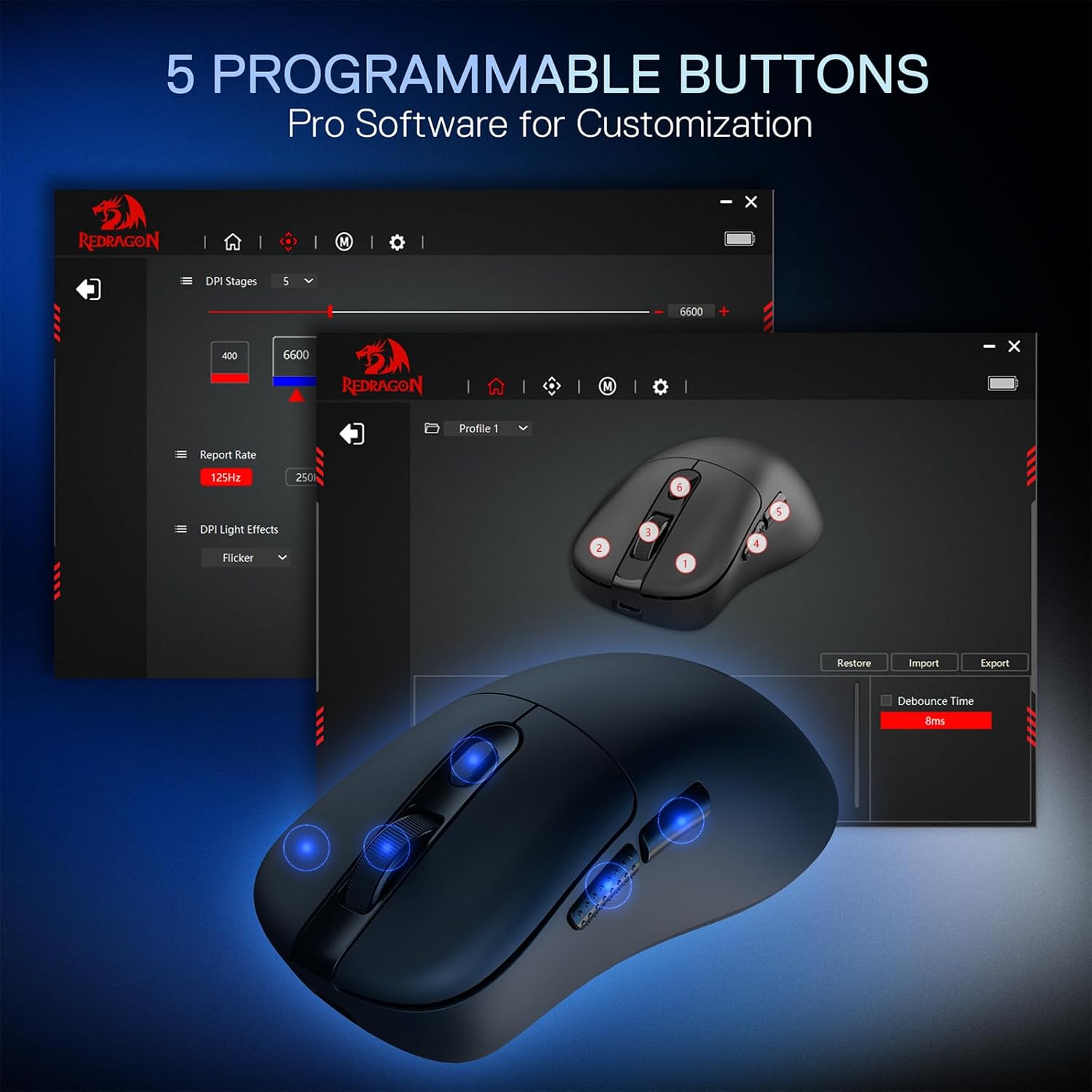 Redragon M998 Lightweight Wireless Gaming Mouse with RGB Magnetic Charging Dock, BT/2.4G Wireless/Wired Optical Mice, 24000 DPI, 5 Programmable Buttons for PC/Mac, Black