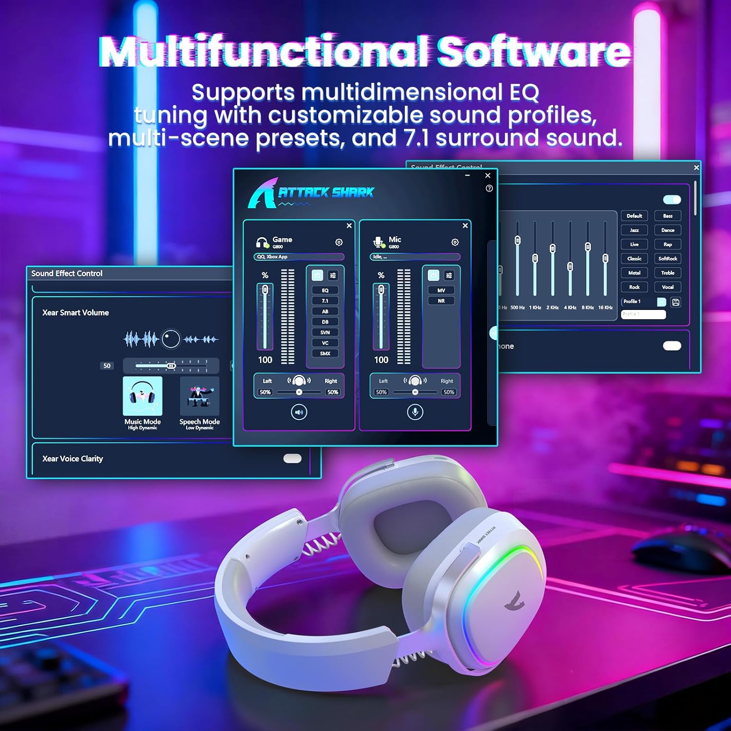 ATTACK SHARK G800 Wireless RGB Gaming Headset:7.1 Surround Sound-50mm Drivers-Memory Foam Ear Pads,Wired/2.4Ghz/BT,Ultralight,Durable Aluminum Frame,Detachable Mic,Programmable for PC Mac Gamer(White)