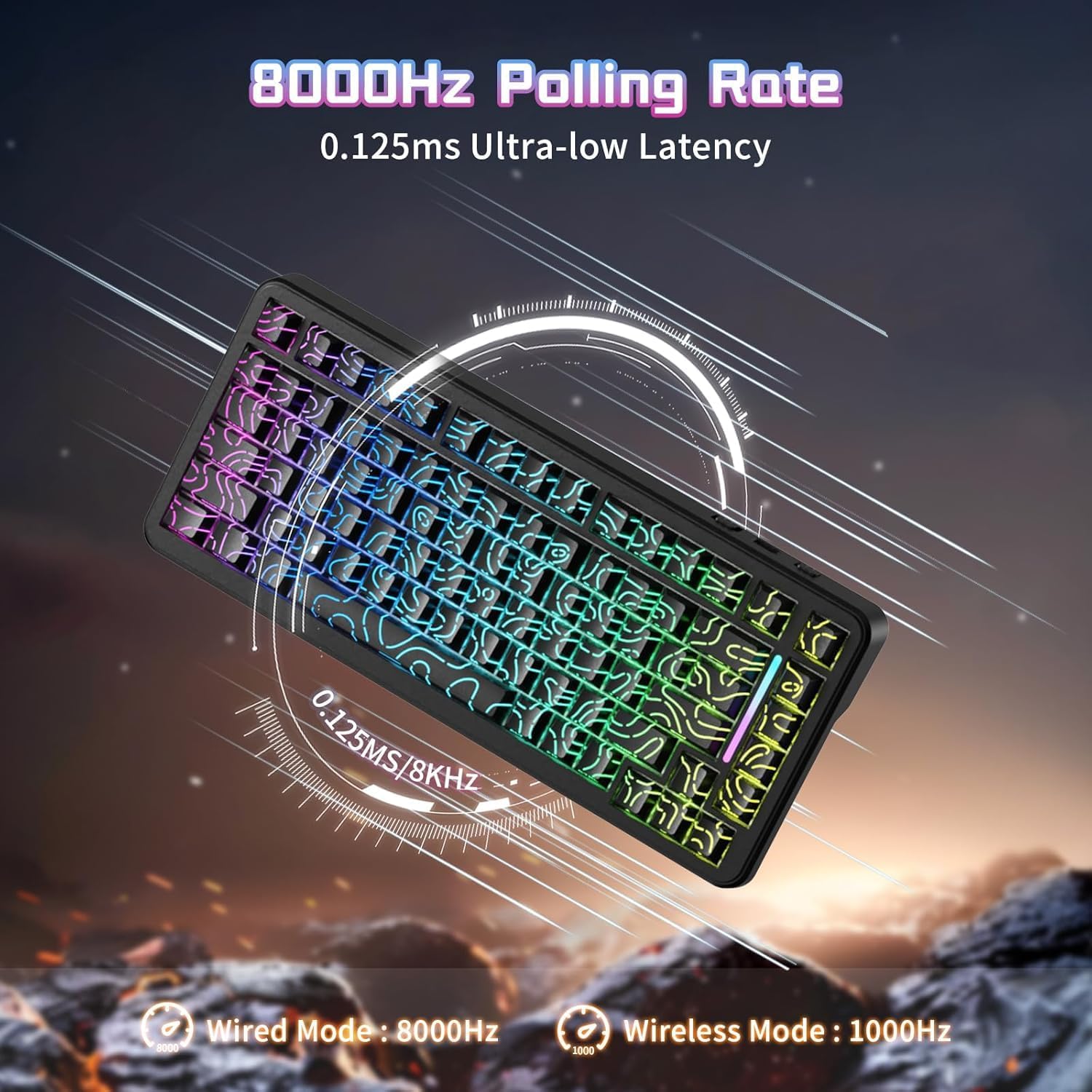 ATTACK SHARK X82 PRO HE Wireless Rapid Trigger RGB Mechanical Gaming Keyboard with Adjustable Actuation,2.4G/Wired/BT,8K Polling Rate,Hall Effect Magnetic Switch,5000mAh Battery for FPS(Black Contour)