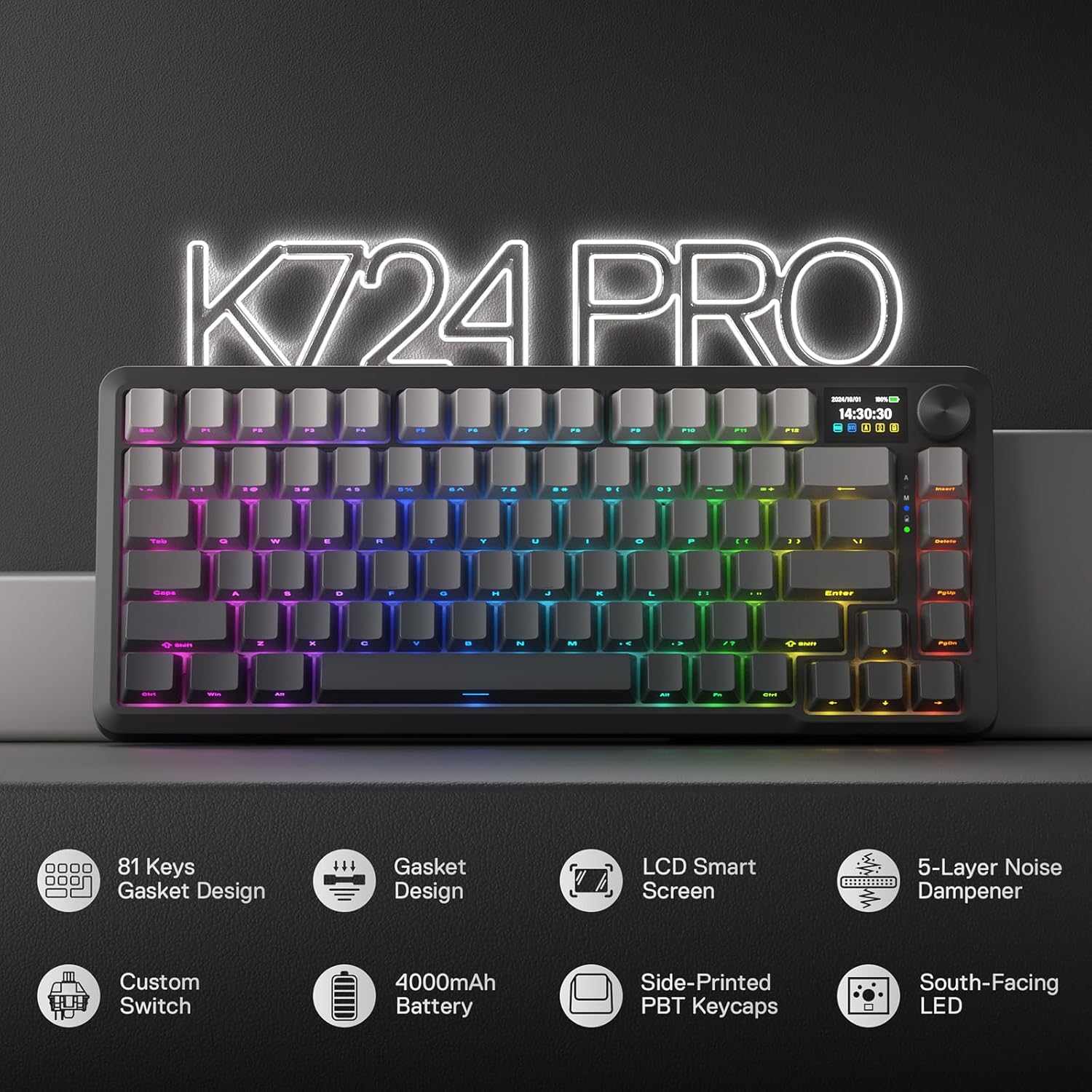 Redragon K724 PRO Wireless Gasket Gaming Keyboard w/Hype 1.14’’ TFT Screen & Knob, 81-Key 75% Mechanical Keyboard, 5-Layer Noise Dampening, Hot-Swap South-Facing RGB Socket, Gradient PBT Keycaps