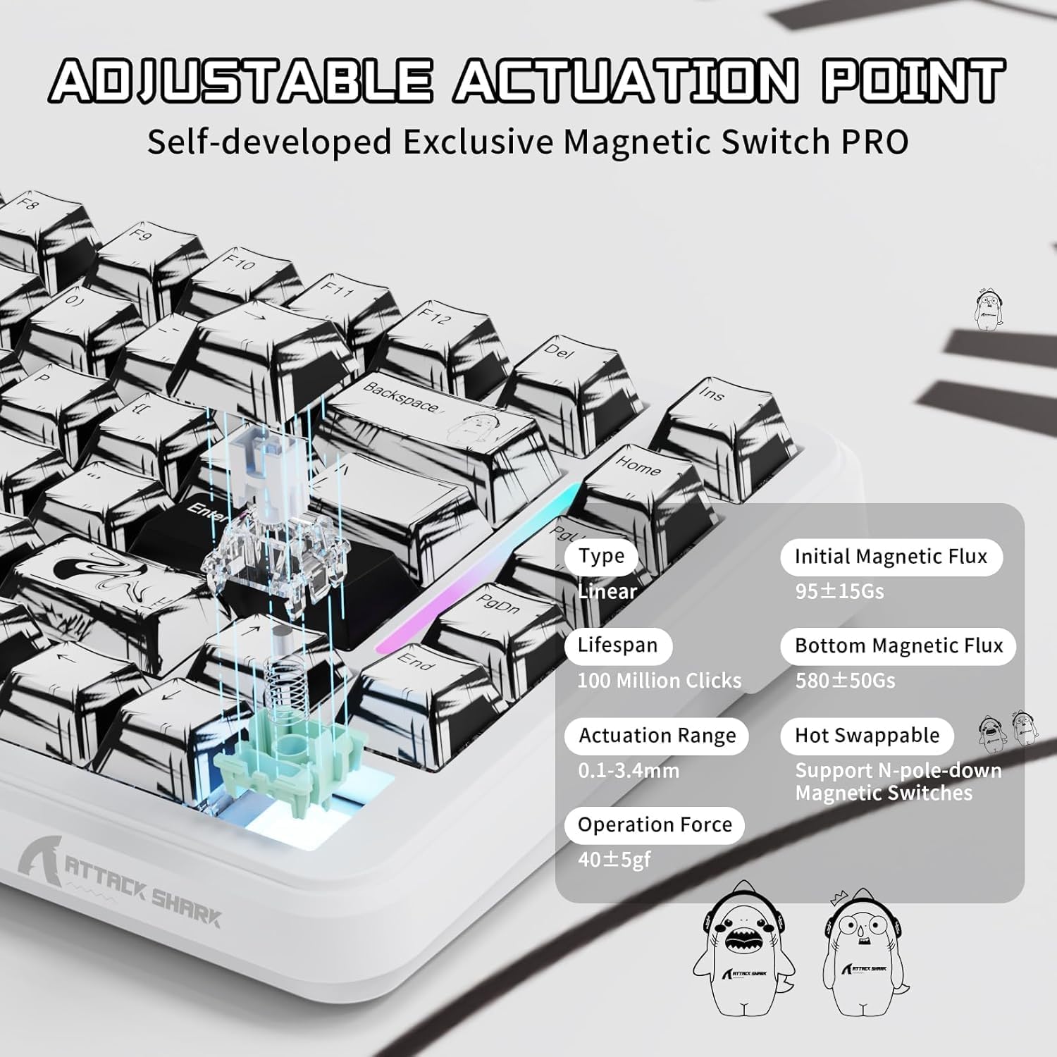 ATTACK SHARK X82PRO HE Wireless Rapid Trigger RGB Mechanical Gaming Keyboard with Adjustable Actuation,2.4G/Wired/BT,8K Polling Rate,Hall Effect Magnetic Switch,5000mAh Battery for PC FPS(White Anime)