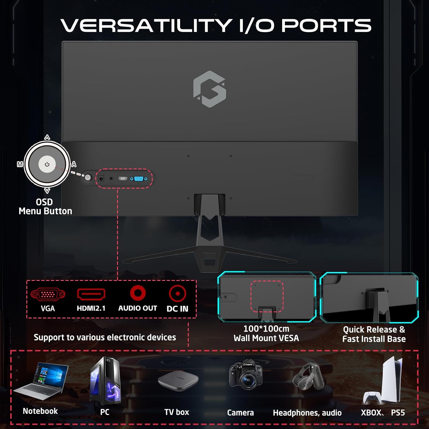 GAMEON 27 Inch Gaming Monitor - FHD 1080P Computer Monitor 120Hz IPS 1ms Monitors - 16:9 Wide IPS gaming Screen HDMI VGA DisplayPort Built-in Speakers (Support PS5)