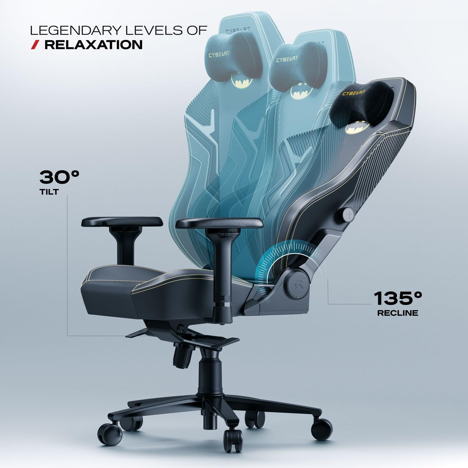 CYBEART | Batman Classic - Chaise de gaming/bureau série APEX | Lombaire 4D, accoudoir 4D, similicuir Endura, oreiller AeroMag, inclinable et inclinable