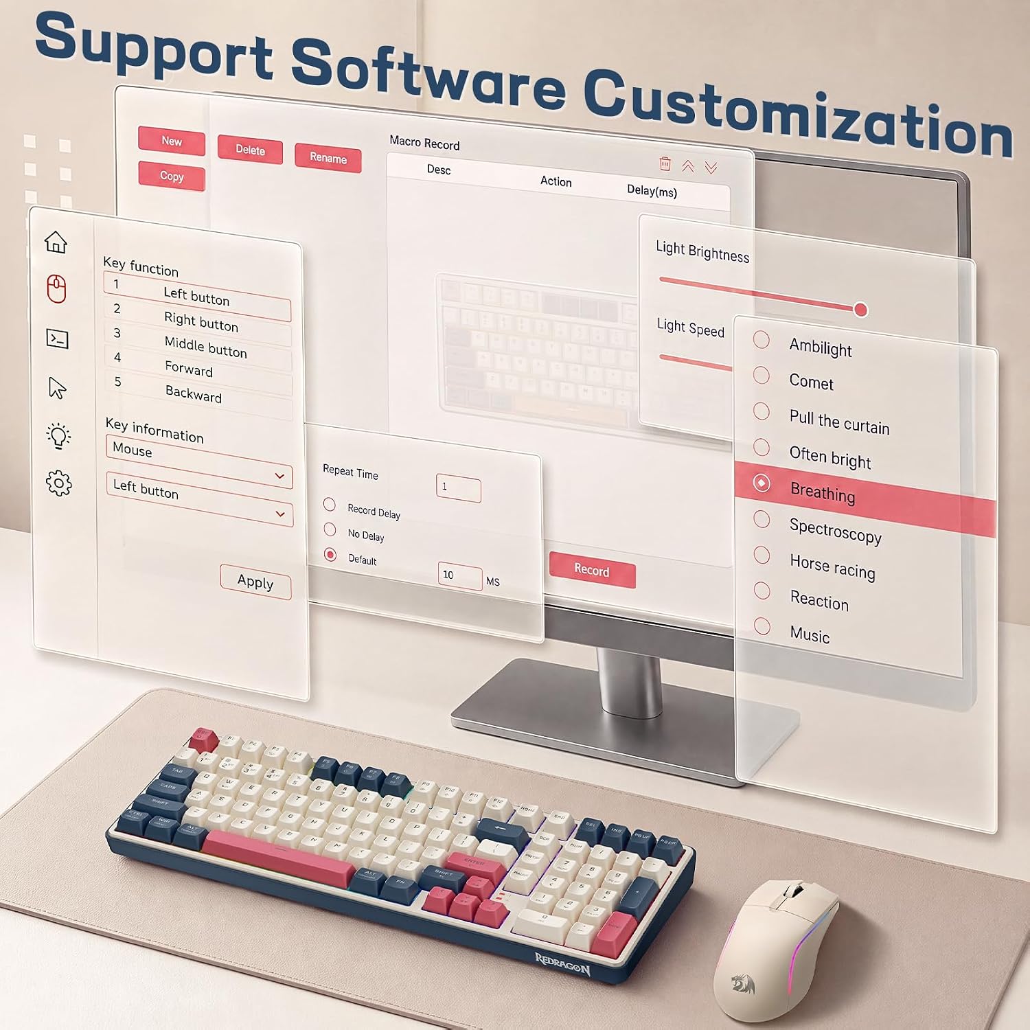 Redragon S174 Gaming Keyboard and Mouse Wireless with Tri-Mode, RGB Keyboard and 5000 DPI 61G Ultra-Light Gaming Mouse, Computer Keyboard Creamy Cute with Number Pad BT/2.4GHz/USB-C - Beige