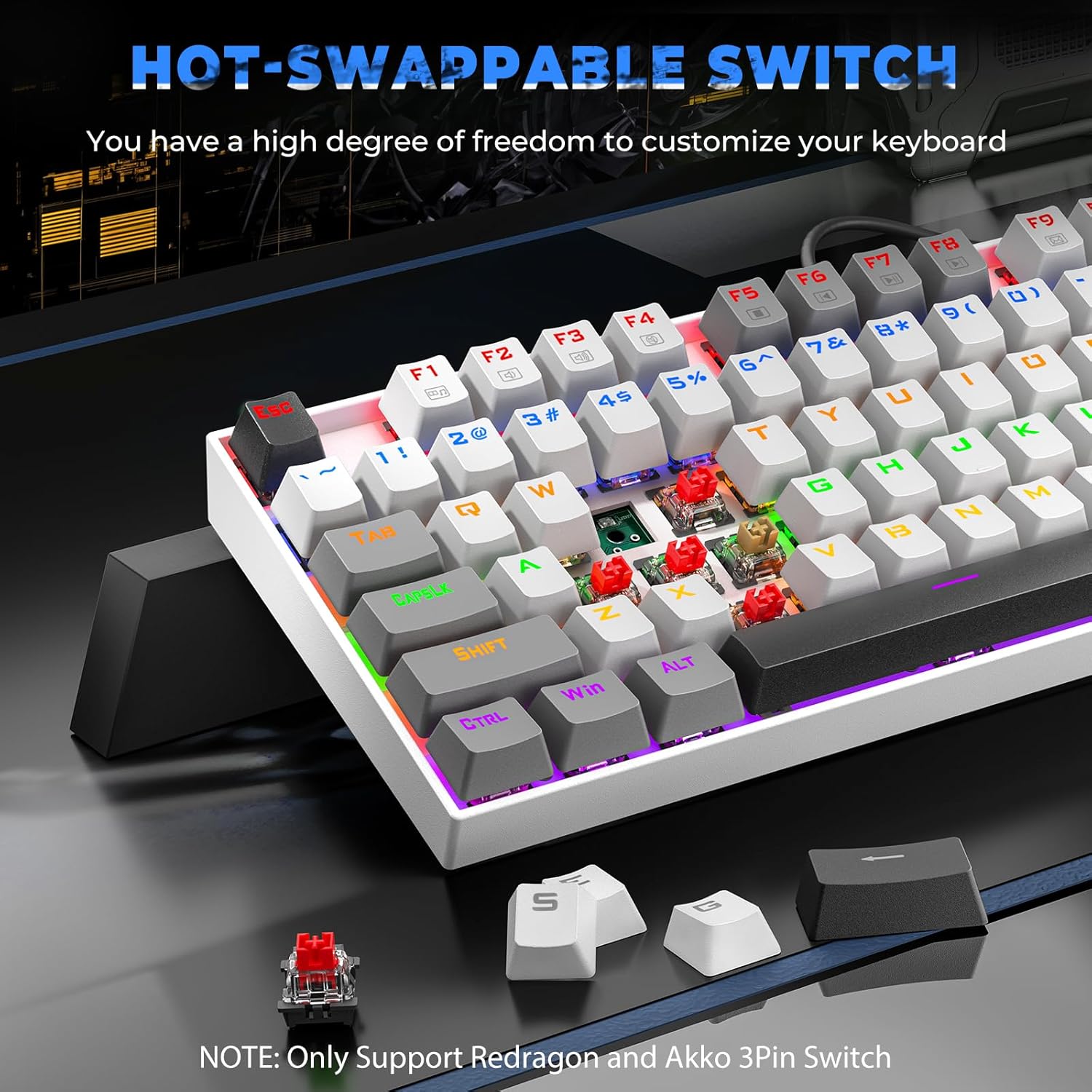 Redragon K552 Mechanical Gaming Keyboard, 87-Key Compact, LED Gaming Keyboard with Red Switches, Anti-Ghosting, Metal Frame for PC Gaming & Typing, Beginner-Friendly (Polar Monolith)