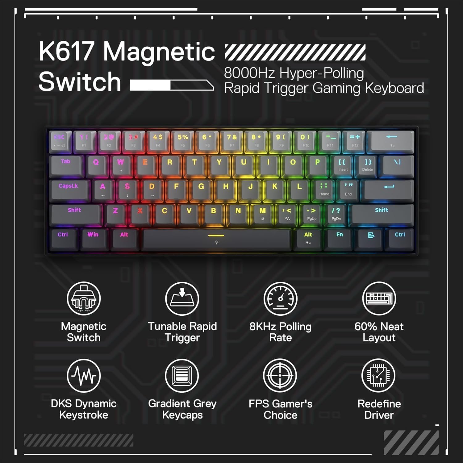 REDRAGON FIZZ K617M HE (Magnetic Hall Effect Keyboard) 8k Hz Polling Rate Gray
