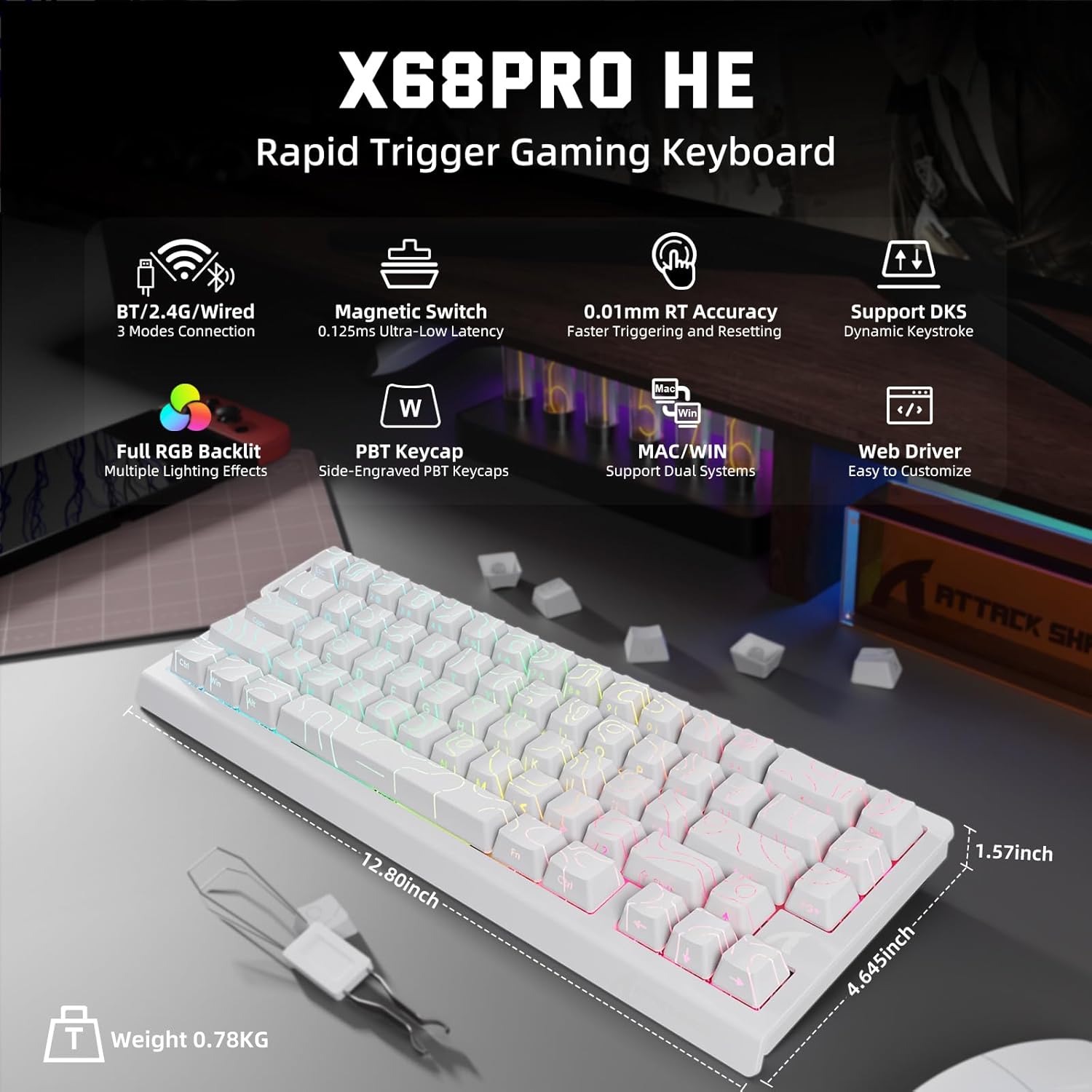 ATTACK SHARK X68 PRO HE Wireless Rapid Trigger Gaming Keyboard with Adjustable Actuation,8K Polling Rate,Hall Effect Magnetic Switch,Hot-Swap,RGB Backlit,BT/2.4GHz/Wired,for FPS Games-White