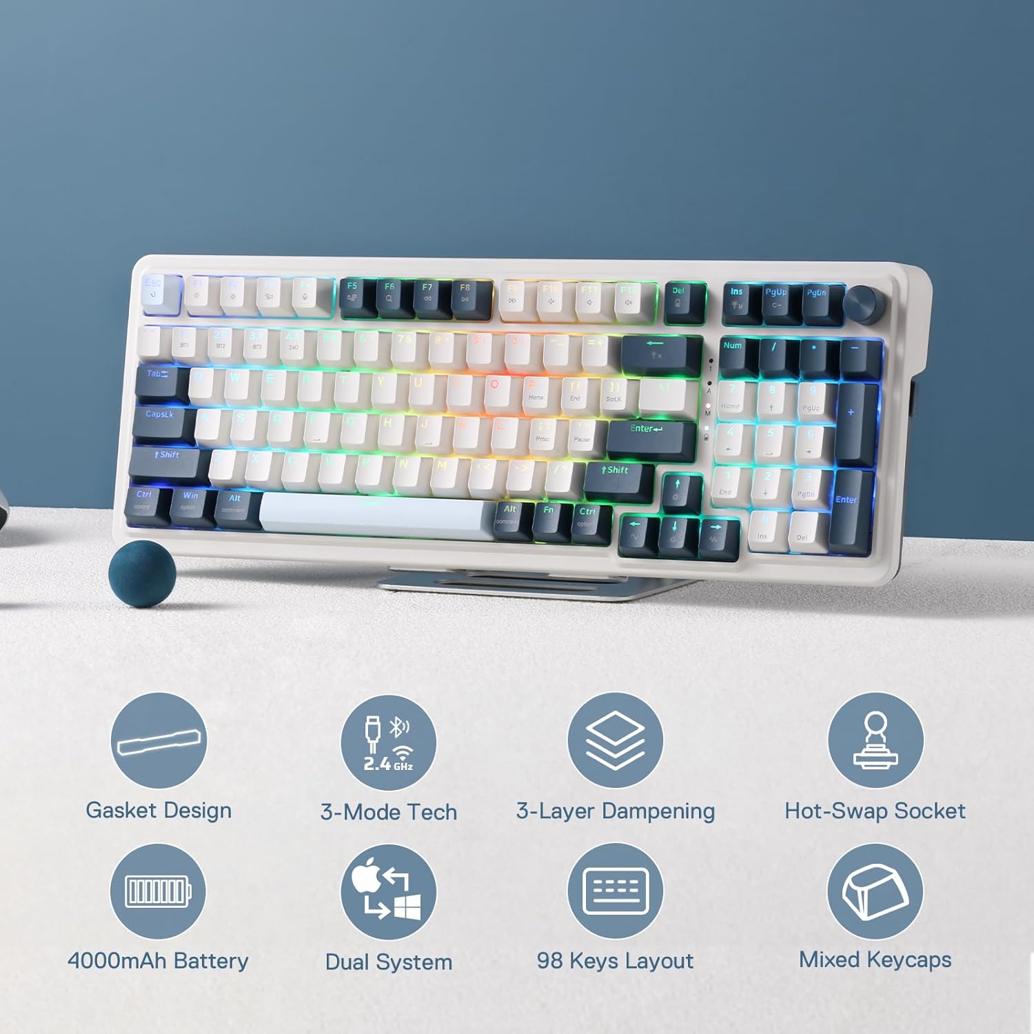 Redragon K686 PRO 98 Keys Wireless Gasket RGB Gaming Keyboard, 3-Mode Win/Mac Mechanical Keyboard w/5-Layer Noise Dampening, Dedicated Knob Control & Hot-Swap in Linear Red Switch, Blue Himmel Color