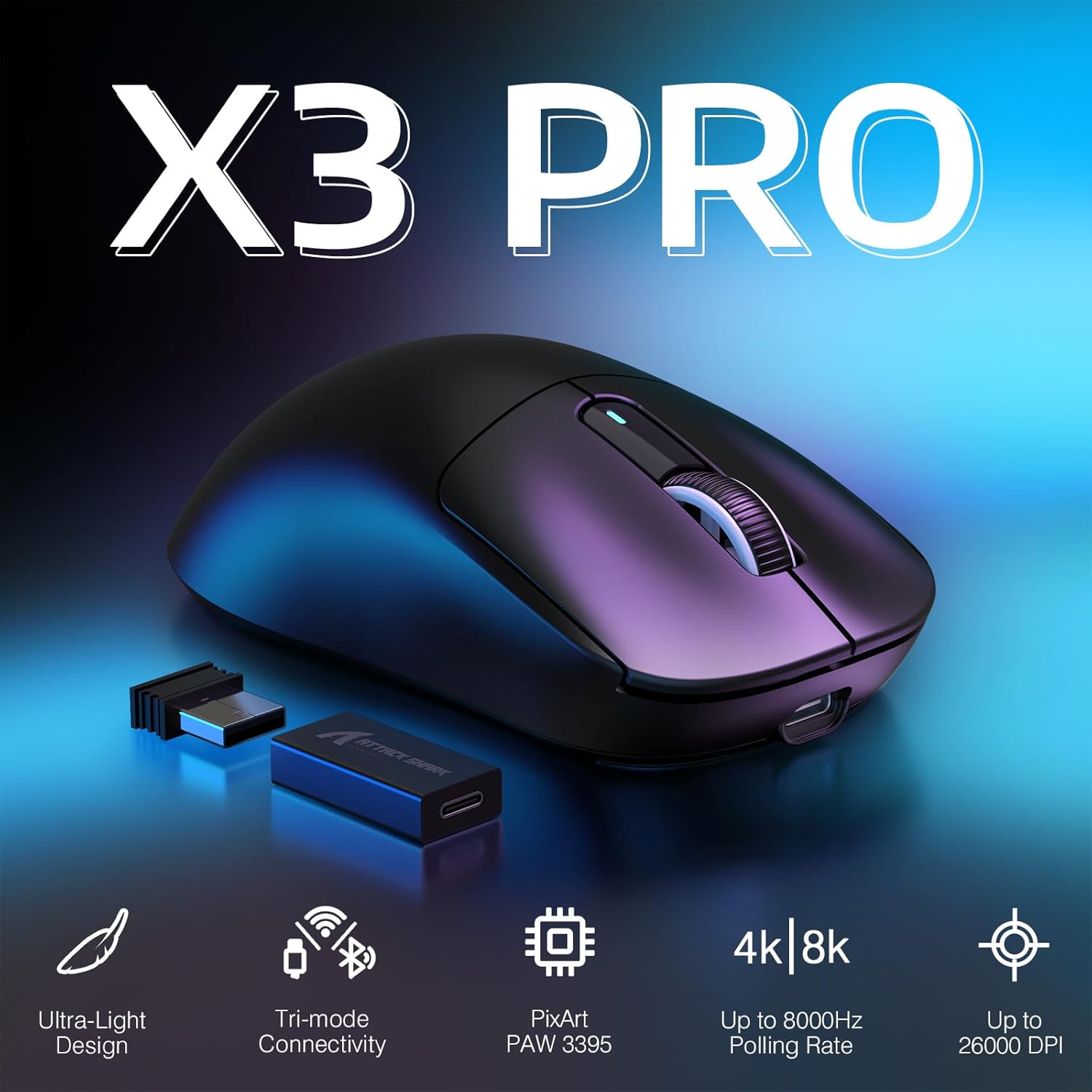 ATTACK SHARK X3PRO 4K/8K Lightweight Wireless Gaming Mouse with Tri-Mode(Wired/2.4GHz/BT),PAW3395 Optical Sensor,26K DPI,Kailh GM8.0 Switch,Long Battery,7 Buttons for PC/Laptop/Win/Mac(Black)
