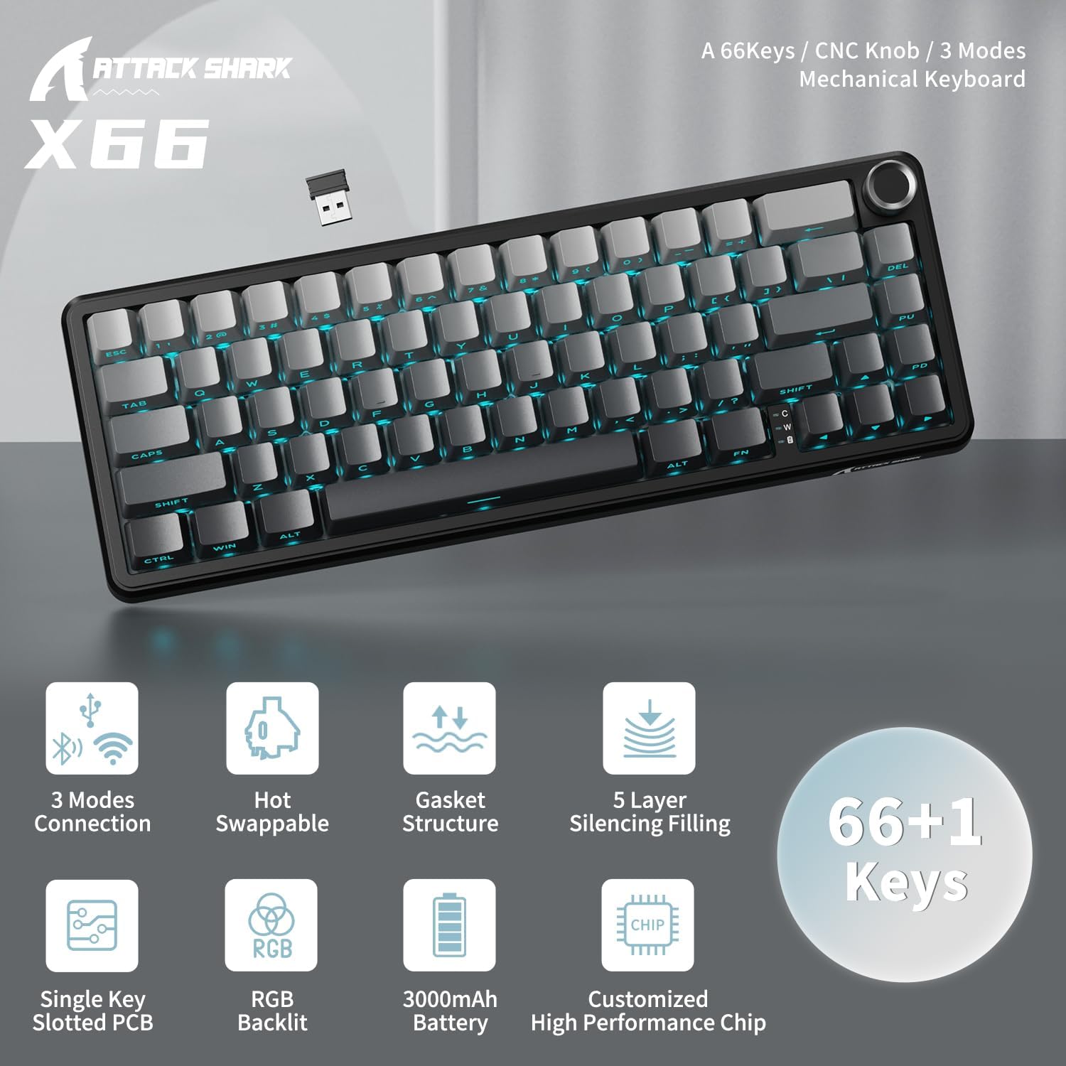 ATTACK SHARK X66 Wireless Mechanical Gaming Keyboard with Knob,Tri Mode USB-C/BT5.0/2.4G Gasket Mounted 60% RGB Gaming Keyboard, Side Printed PBT Keycap,Hot Swappable Strawberry Switch(Moonlight)