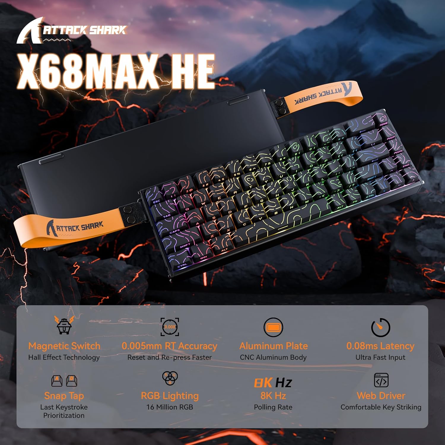 ATTACK SHARK X68MAX HE Wired Rapid Trigger Mechanical Creamy TKL RGB Gaming Keyboard with Full Aluminum CNC,8K Polling,0.005mm Accuracy,Hall Effect Magnetic Switch,NKRO,Driver for PC(Black Contour)