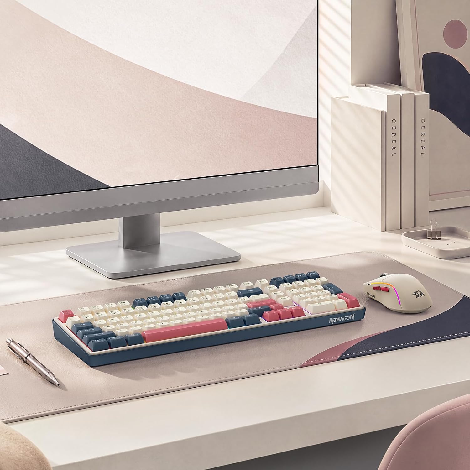 Redragon S174 Gaming Keyboard and Mouse Wireless with Tri-Mode, RGB Keyboard and 5000 DPI 61G Ultra-Light Gaming Mouse, Computer Keyboard Creamy Cute with Number Pad BT/2.4GHz/USB-C - Beige