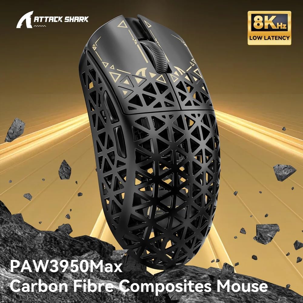 ATTACK SHARK R5Ultra 8K Carbon Fiber Wireless Gaming Mouse with 42000 DPI -PAW3950 MAX Sensor -39g Ultra-Lightweight-Nordic 52840 MCU Chip-Wired/BT/2.4GHz Wirelss Programmable Mouse for PC/Mac (Black)