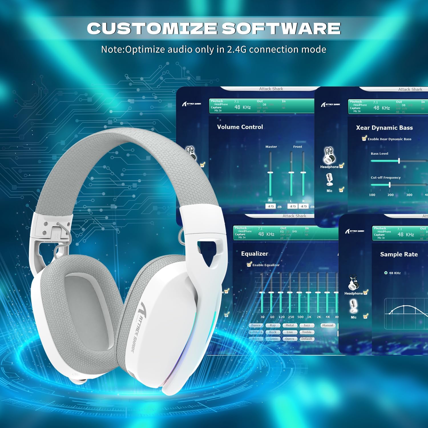 ATTACK SHARK L90 Ultra-Light Wireless Headset,RGB,Foldable,Triple- Mode-2.4Ghz/Bluetooth/Wired Gaming Headphone with mic,40mm Driver,7.1 Surround Sound,for Xbox/PS4/PS5/PC Customize via Software-White
