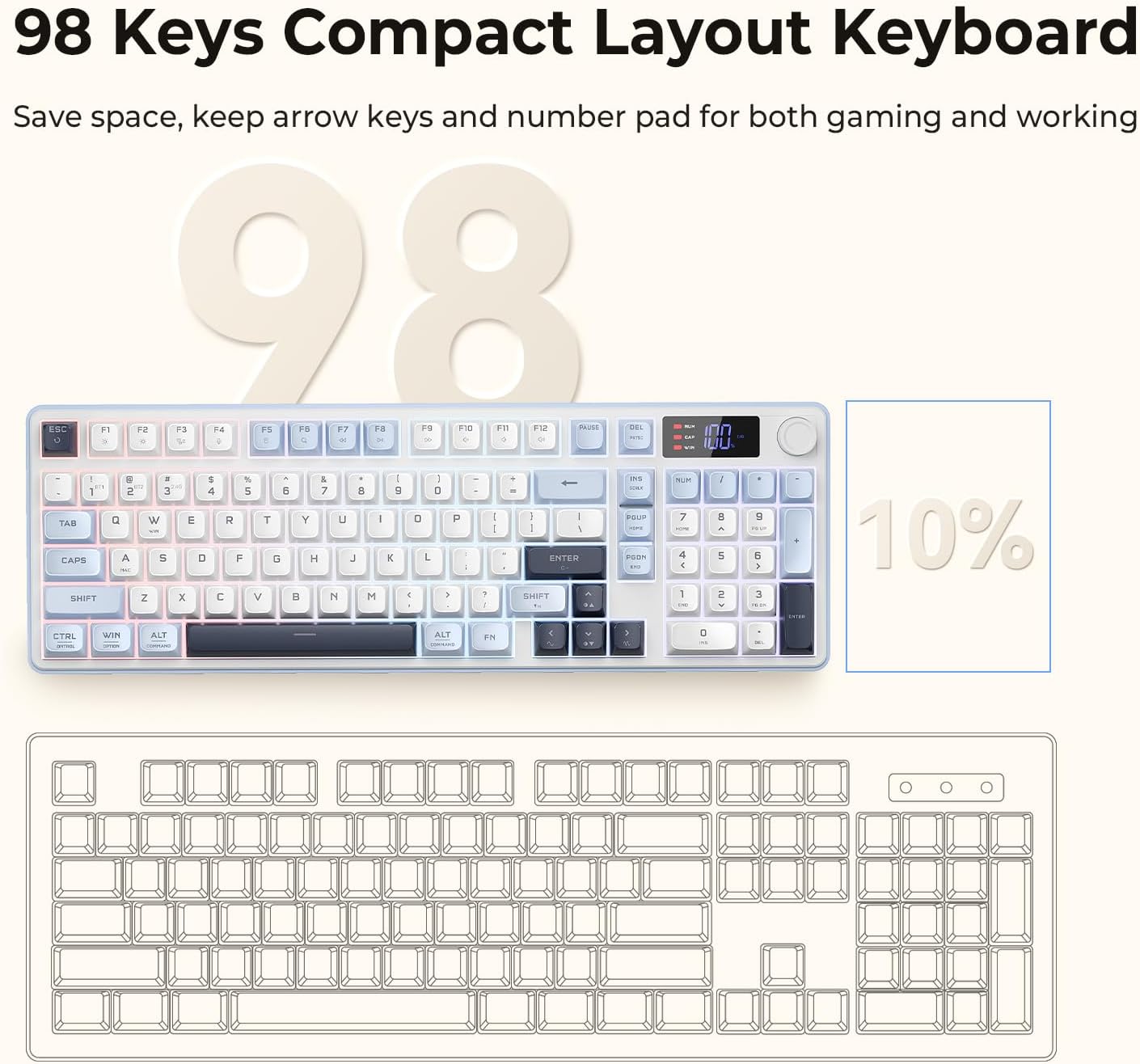 Redragon Wireless Gaming Keyboard, 98-Key Tri-Mode (BT/2.4G/Wired) RGB Computer Keyboard with Knob & Display, Fade-Resistant PBT Keycaps & 4000mAh Battery, Compatible with Windows/Mac - White Blue