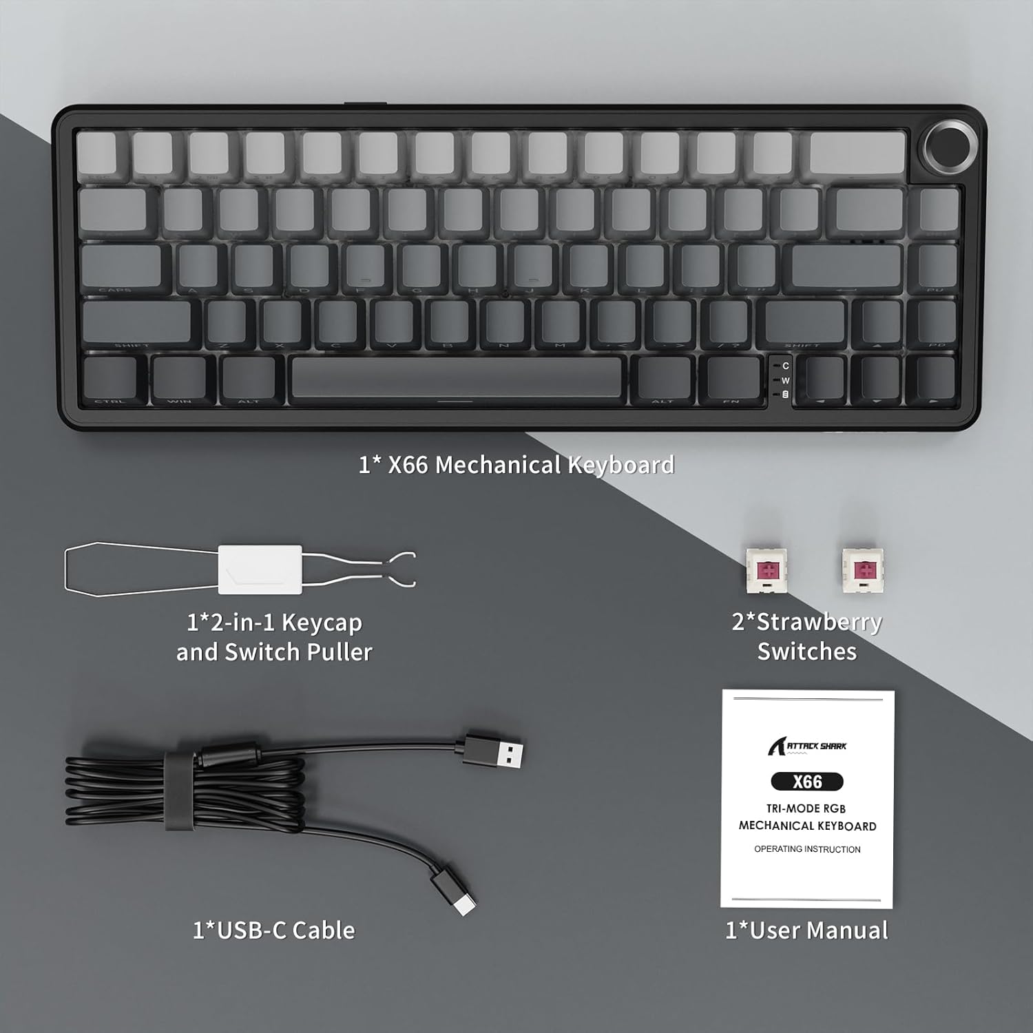 ATTACK SHARK X66 Wireless Mechanical Gaming Keyboard with Knob,Tri Mode USB-C/BT5.0/2.4G Gasket Mounted 60% RGB Gaming Keyboard, Side Printed PBT Keycap,Hot Swappable Strawberry Switch(Moonlight)