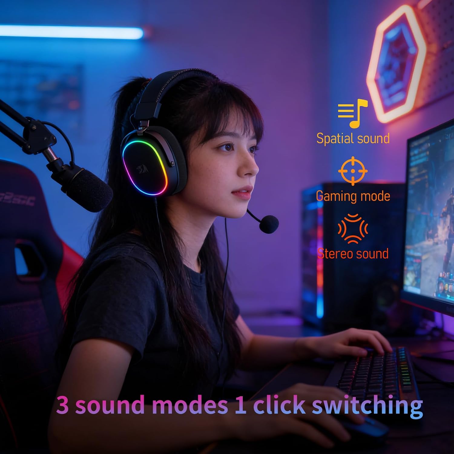 Redragon H831 Gaming Headset, RGB, 2.4GHz/BT/Wired, Black