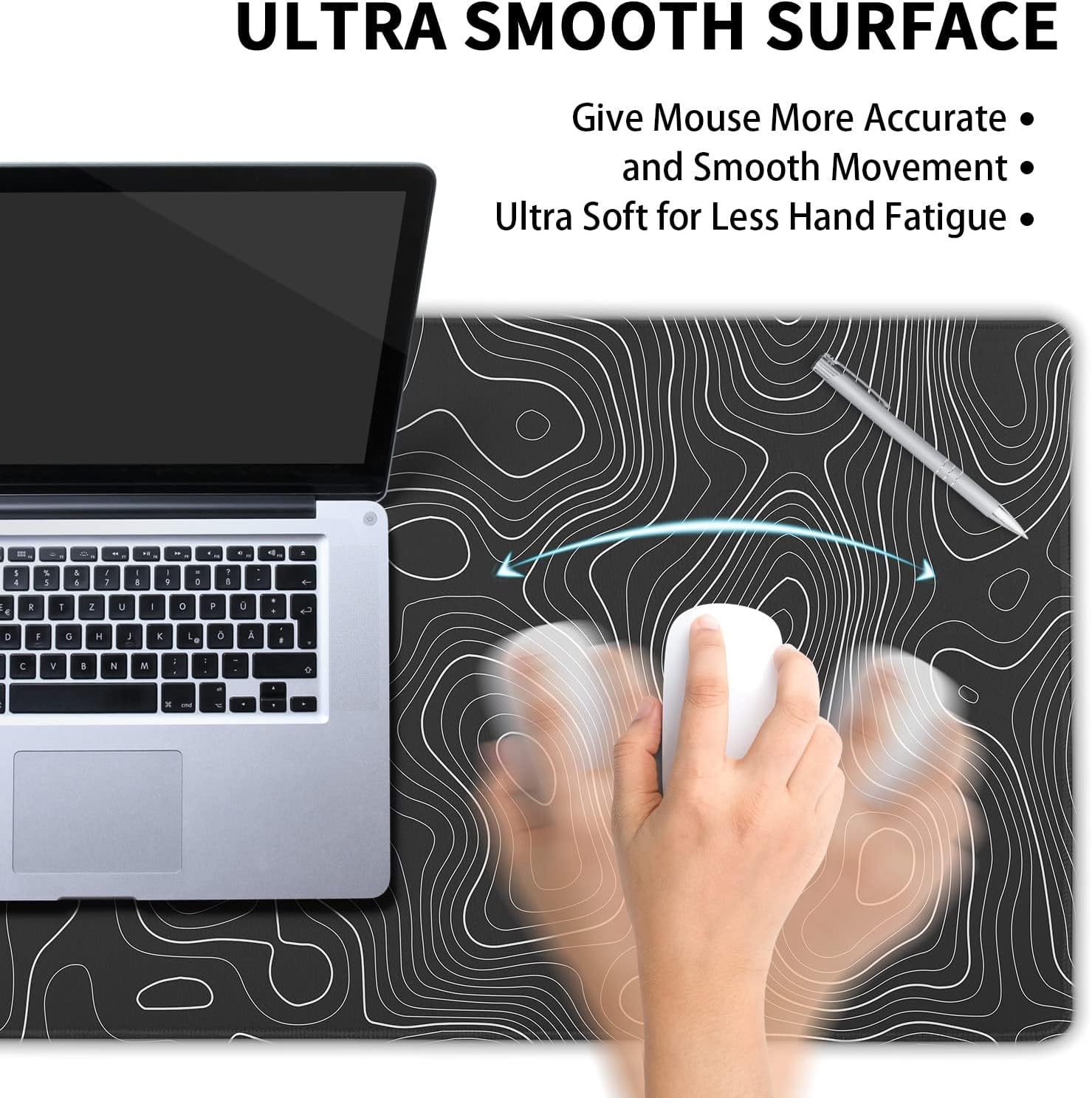Topographic Map Large Mouse Pad XXL Black Lines Contour Geographic Extended Large Desk Mat Big Desk Pad (90X40 CM)(4 MM) Non-Slip Rubber Base Stitched Edge Long Mousepad,35.4 x 15.7 Inch