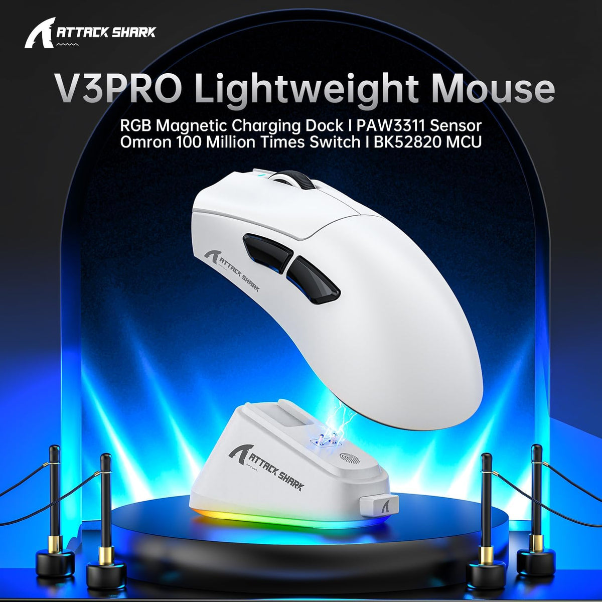 ATTACK SHARK V3 PRO Wireless Esports Gaming Mouse with Magnetic Charging Dock:62g Lightweight-1K Polling-25K DPI-PAW3311 Sensor,Wired/BT/2.4Ghz Programmable,BK52820 IC for PC Laptop Gamer(White+Tape)