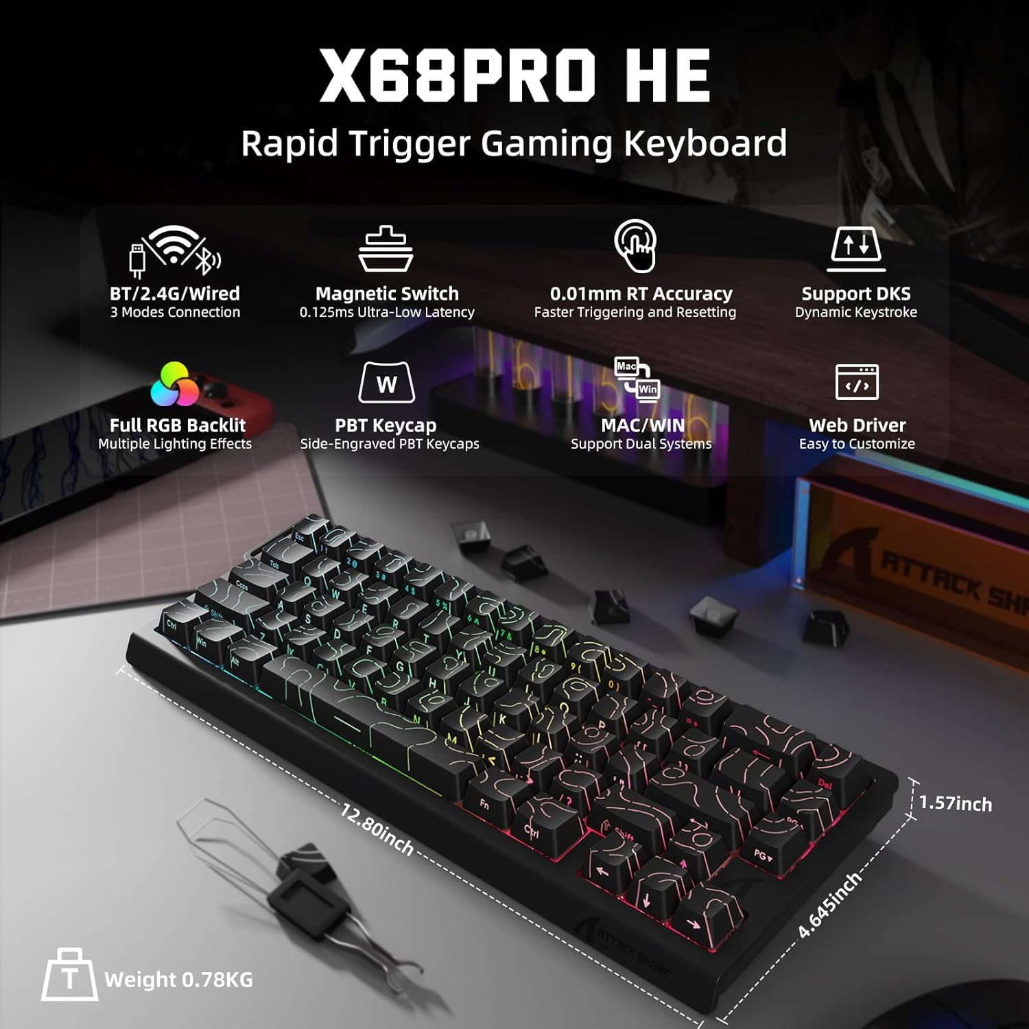 ATTACK SHARK X68 PRO HE Wireless Rapid Trigger Gaming Keyboard with Adjustable Actuation,8K Polling Rate,Hall Effect Magnetic Switch,Hot-Swap,RGB Backlit,BT/2.4GHz/Wired,for FPS Games-Black