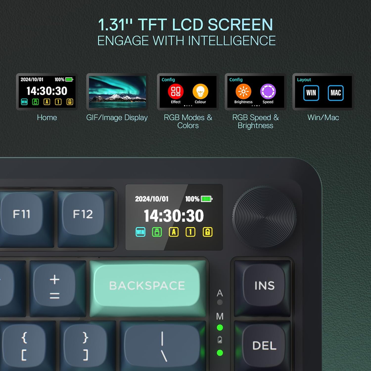 Redragon K724 PRO Wireless Gasket Gaming Keyboard w/Hype Screen & Knob, 81-Key Mechanical Keyboard, Easy-Control 1.14’’ TFT Info Display, 5-Layer Noise Dampening, Custom Linear Switch, Dark Jade Color