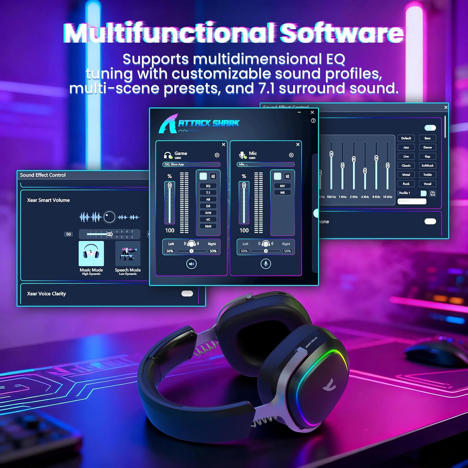 ATTACK SHARK G800 Wireless RGB Gaming Headset:7.1 Surround Sound-50mm Drivers-Memory Foam Ear Pads,Wired/2.4Ghz/BT,Ultralight,Durable Aluminum Frame,Detachable Mic,Programmable for PC Mac Gamer(Black)