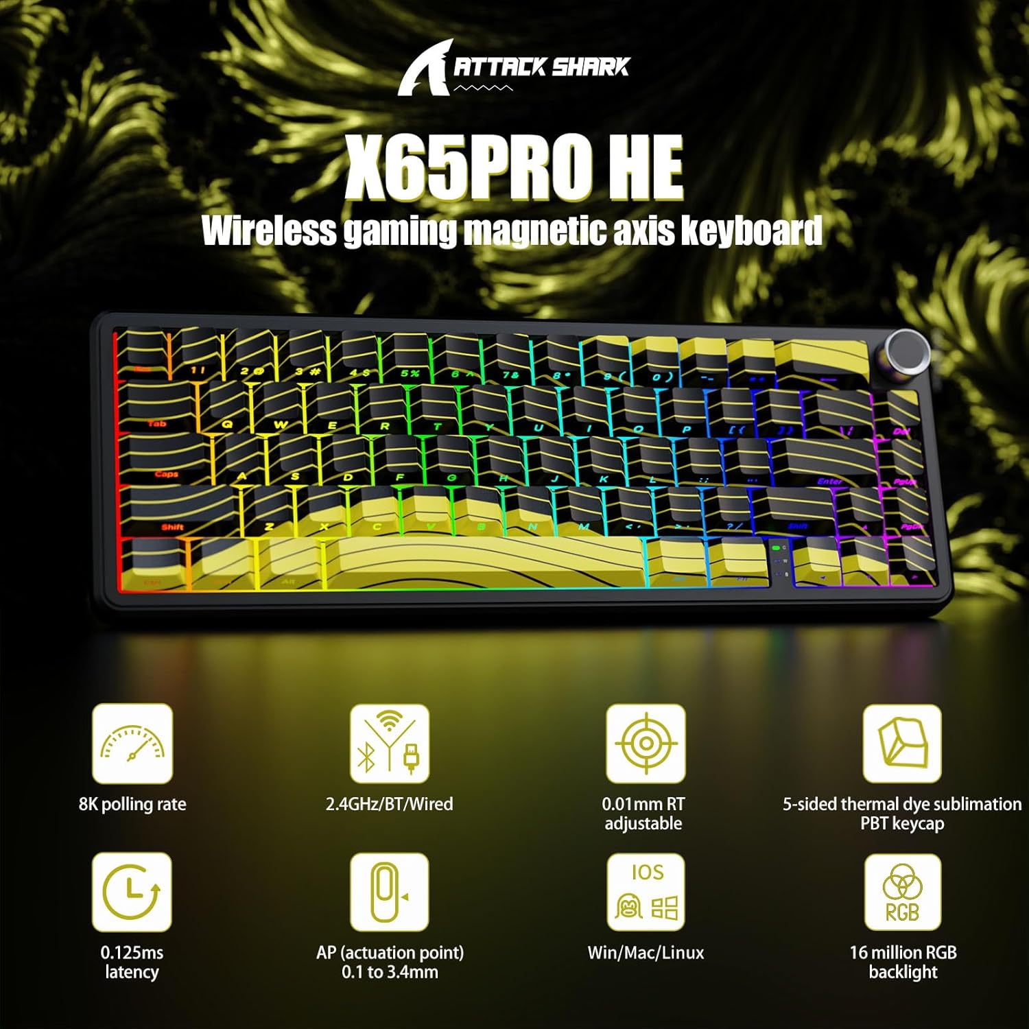 Attack Shark X65PRO HE Rapid Trigger Magnetic Mechanical Keyboard,60% Hot Swappable,Hall Effect Sensor,Adjustable Actuation,Tri-Mode RGB, 8KHz Polling Rate with Coiled Cable for MOBA/FPS/RTS-Yellow