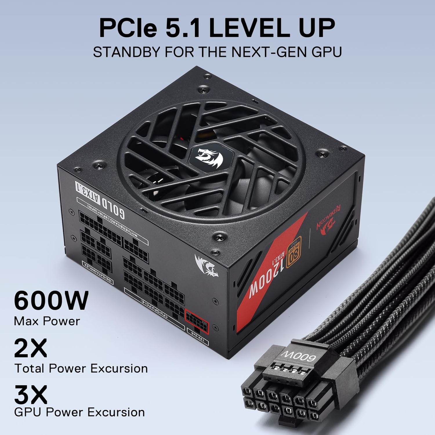 Redragon RGMS-1200W PRO 80+ Gold 1200 Watt Power Supply w/Upgraded ATX 3.1 & PCIe 5.1 Fully Modular, Compact 150mm Size, Smart ECO Low Noise Fan, 100% Japanese Capacitors, Full Mod Cables