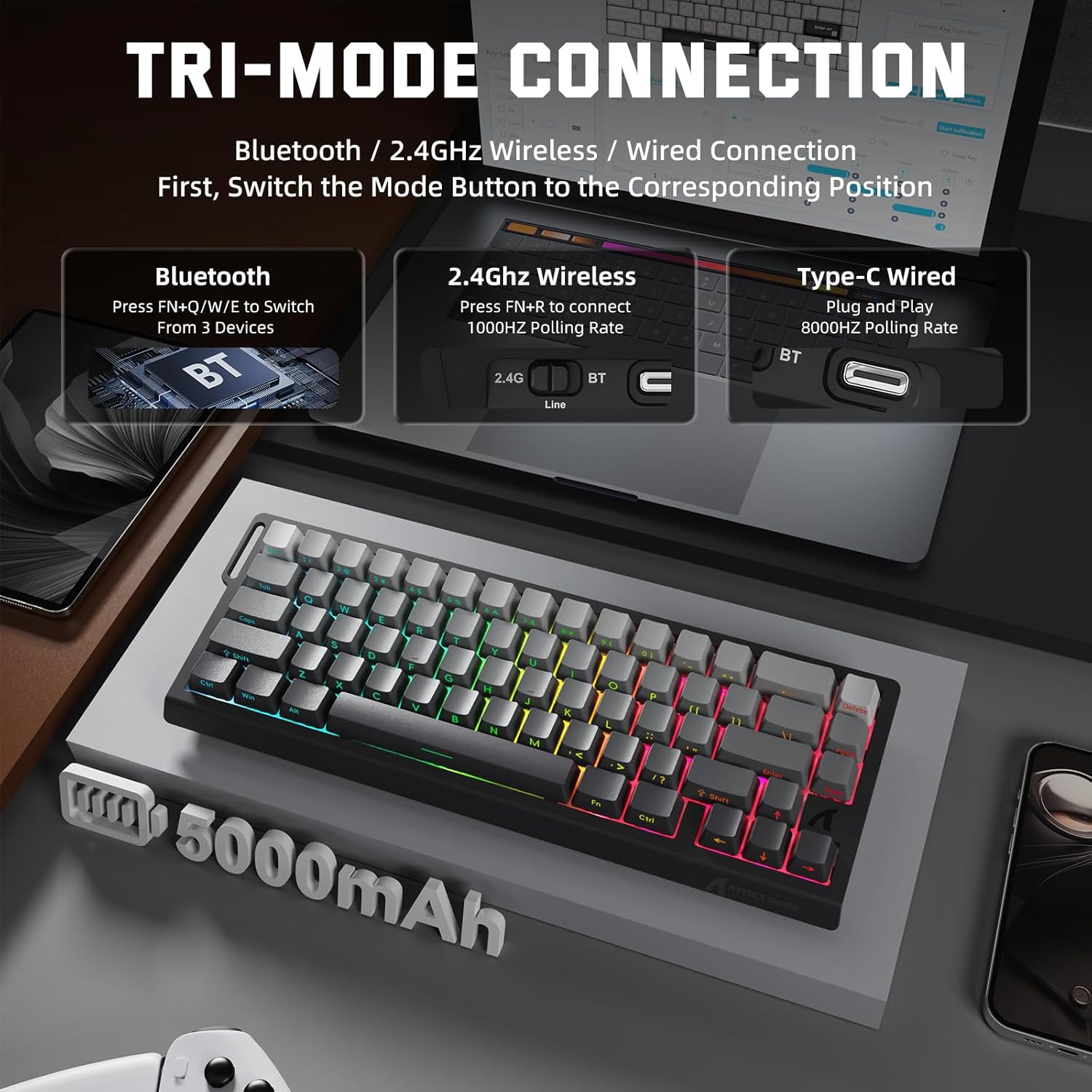 ATTACK SHARK X68 PRO HE Wireless Rapid Trigger Gaming Keyboard with Adjustable Actuation,8K Polling Rate,Hall Effect Magnetic Switch,Hot-Swap,RGB Backlit,BT/2.4GHz/Wired,for FPS Games-Moonlit Night